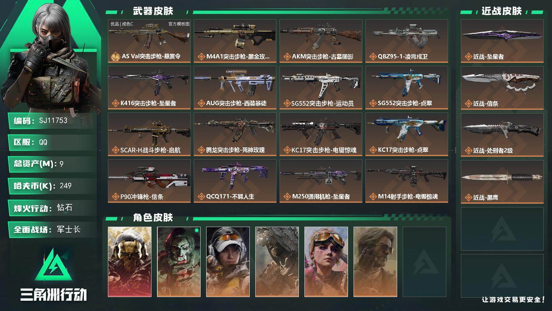 三角洲行动账号QQ【SJ11753】总资产9M/哈夫币24万/传说近战数3/干员外观数6/典藏外观数1/传说枪皮数22/战场等级37/行动等级60/安全箱等时效性道具以游戏内数据为准，详情请看图/红狼-蚀金玫瑰/红狼