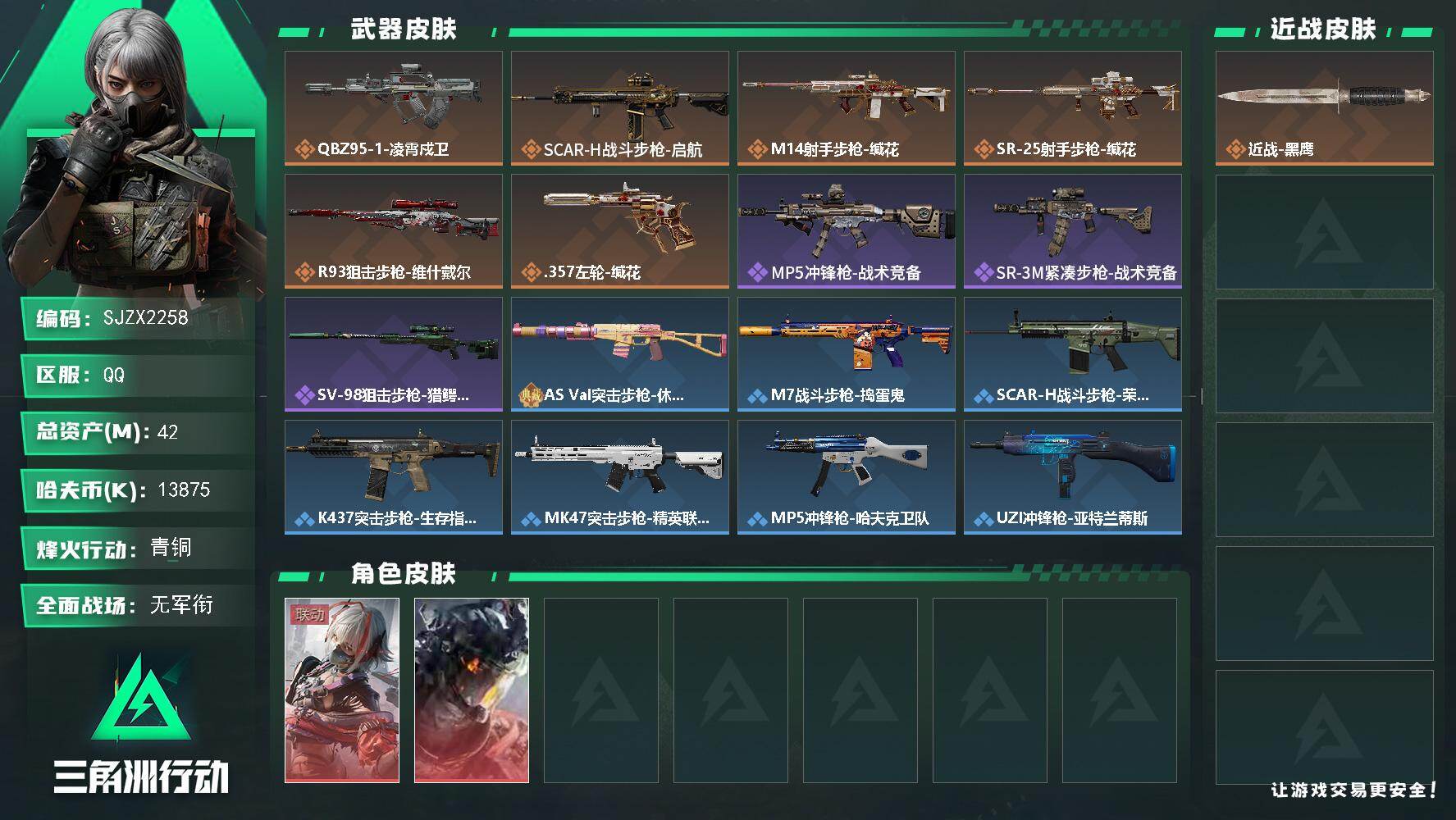 三角洲行动账号QQ【SJZX2258】总资产42M/哈夫币1387万/干员外观数2/传说枪皮数6/战场等级1/行动等级31/安全箱等时效性道具以游戏内数据为准，详情请看图/骇爪-维什戴尔/威龙-凌霄戍卫/近战-黑鹰/