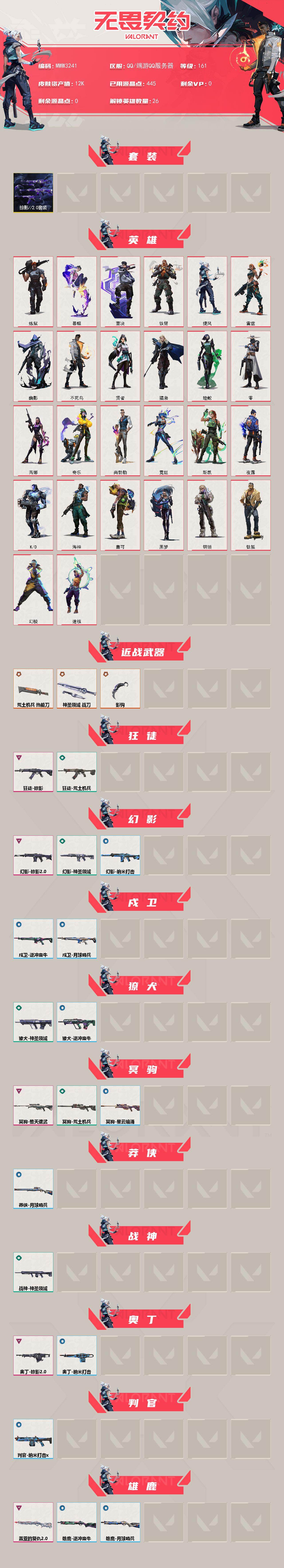 【套装】：掠影//2.0套装
【英雄】：幻棱，炼狱，暮蝶，钛狐，壹决，铁臂，捷风，雷兹，幽影，不死鸟，贤者，猎枭，蝰蛇，零，芮娜，奇乐，尚勃勒，霓虹，斯凯，夜露，K/O，海神，盖可，黑梦，钢锁，迷核
