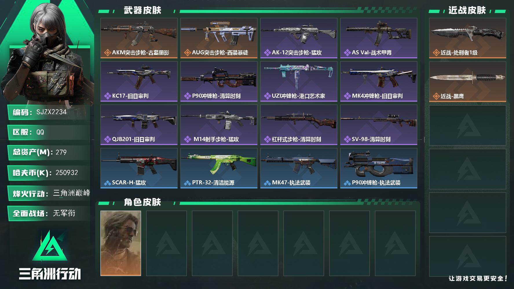 三角洲行动账号QQ【SJZX2234】总资产279M/哈夫币25093万/传说近战数1/干员外观数1/传说枪皮数2/战场等级1/行动等级60/安全箱等时效性道具以游戏内数据为准，详情请看图/银翼-未结卷宗/近战-处刑