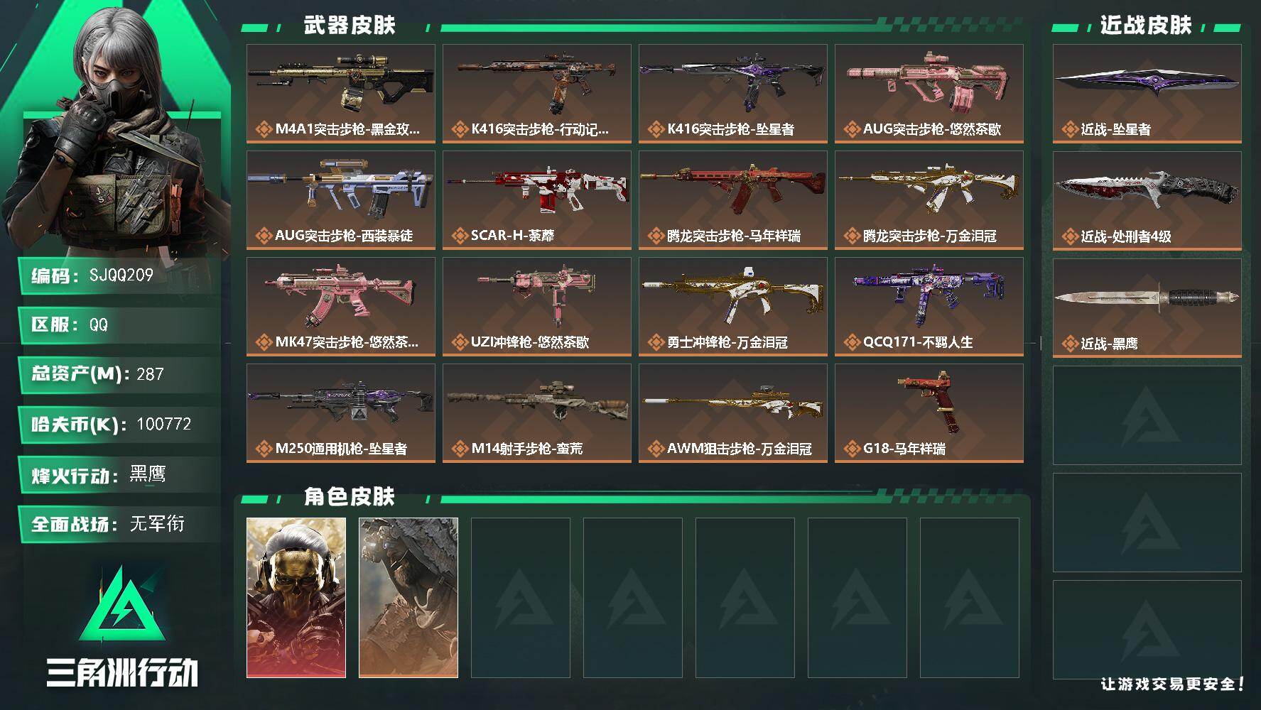 三角洲行动账号QQ【SJQQ209】总资产287M/哈夫币10077万/传说近战数2/干员外观数2/传说枪皮数16/战场等级1/行动等级60/安全箱等时效性道具以游戏内数据为准，详情请看图/红狼-蚀金玫瑰/乌鲁鲁-荒