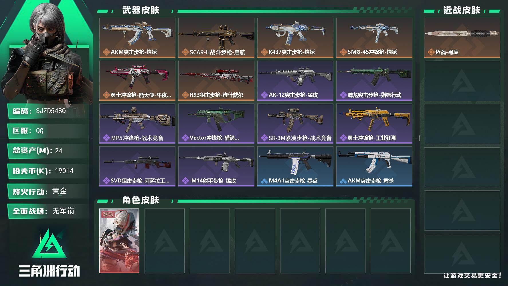 三角洲行动账号QQ【SJZD5480】总资产24M/哈夫币1901万/干员外观数1/传说枪皮数6/战场等级1/行动等级43/安全箱等时效性道具以游戏内数据为准，详情请看图/骇爪-维什戴尔/近战-黑鹰/AKM突击步枪-