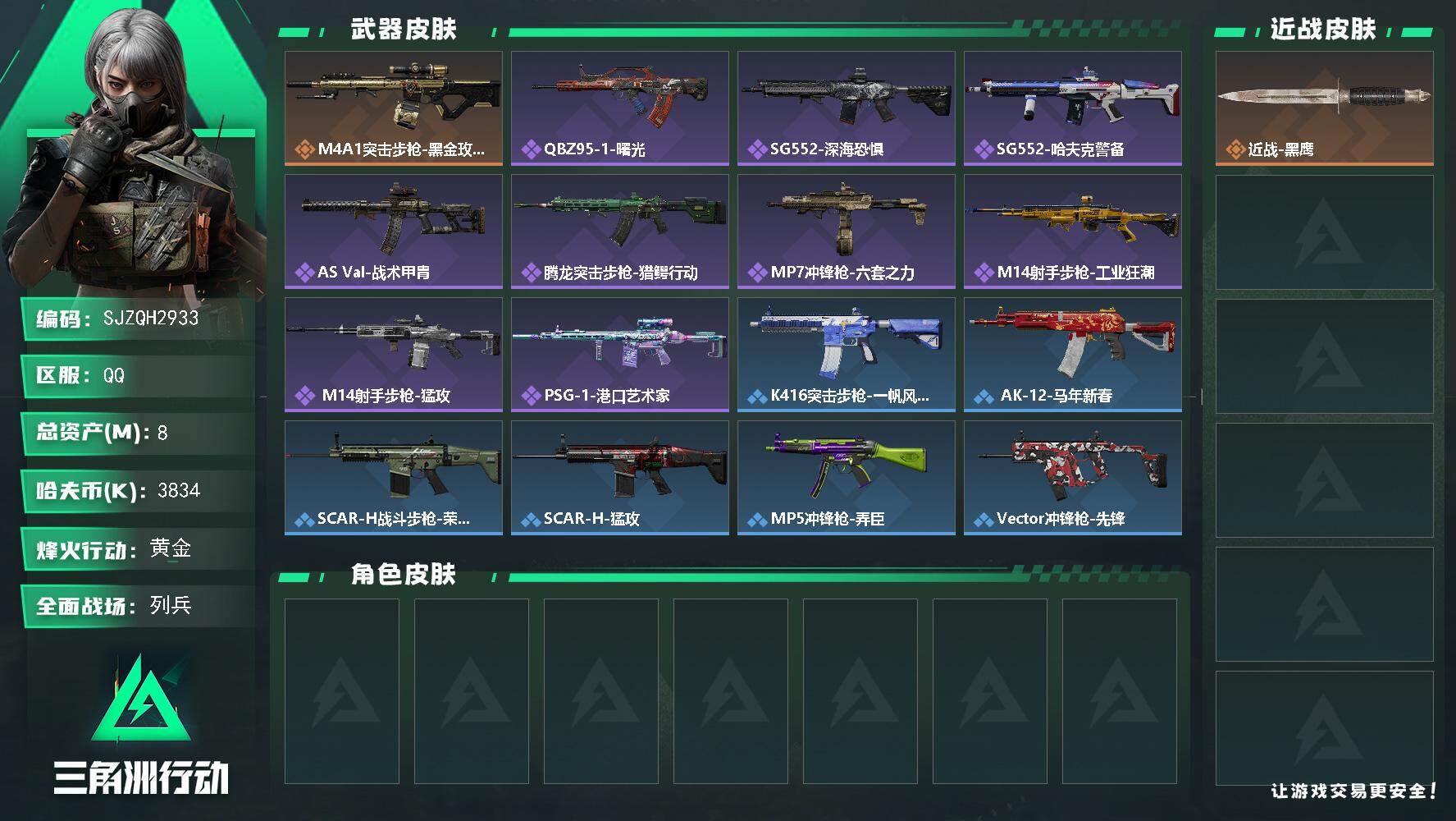 三角洲行动账号QQ【SJZQH2933】总资产8M/哈夫币383万/传说枪皮数1/战场等级13/行动等级60/安全箱等时效性道具以游戏内数据为准，详情请看图/近战-黑鹰/M4A1突击步枪-蚀金玫瑰/QBZ95-1突击