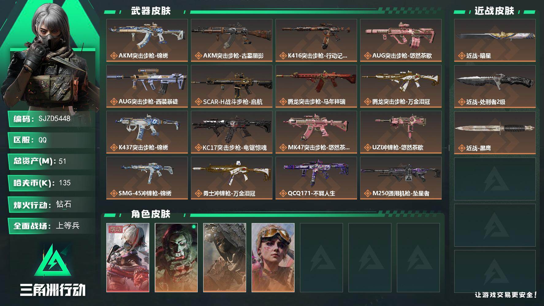 三角洲行动账号QQ【SJZD5448】总资产51M/哈夫币13万/传说近战数2/干员外观数4/传说枪皮数24/战场等级24/行动等级60/安全箱等时效性道具以游戏内数据为准，详情请看图/骇爪-维什戴尔/红狼-电锯惊魂