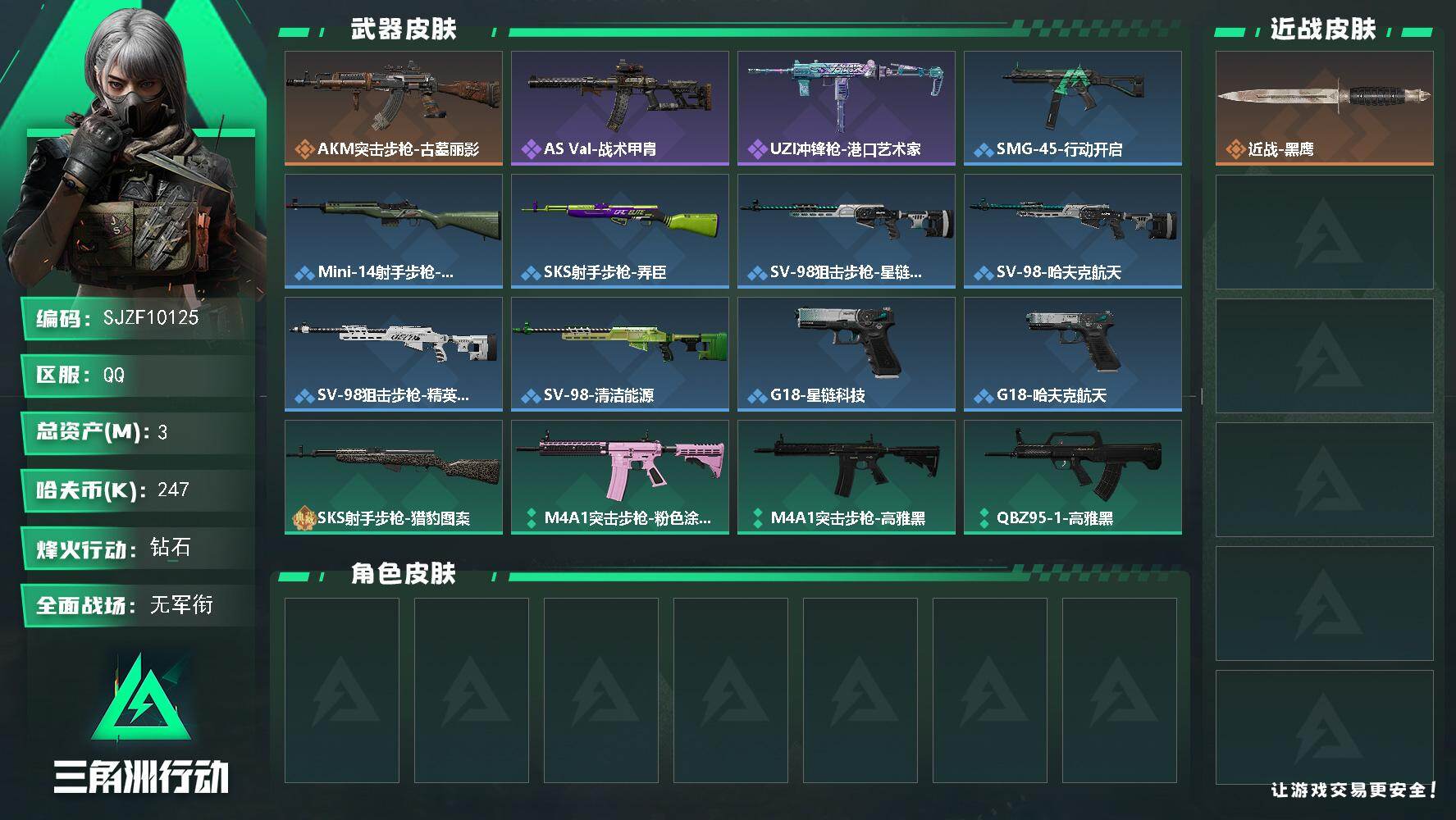 三角洲行动账号QQ【SJZF10125】总资产3M/哈夫币24万/传说枪皮数1/战场等级1/行动等级60/安全箱等时效性道具以游戏内数据为准，详情请看图/近战-黑鹰/AKM突击步枪-古墓丽影/QBZ95-1突击步枪-