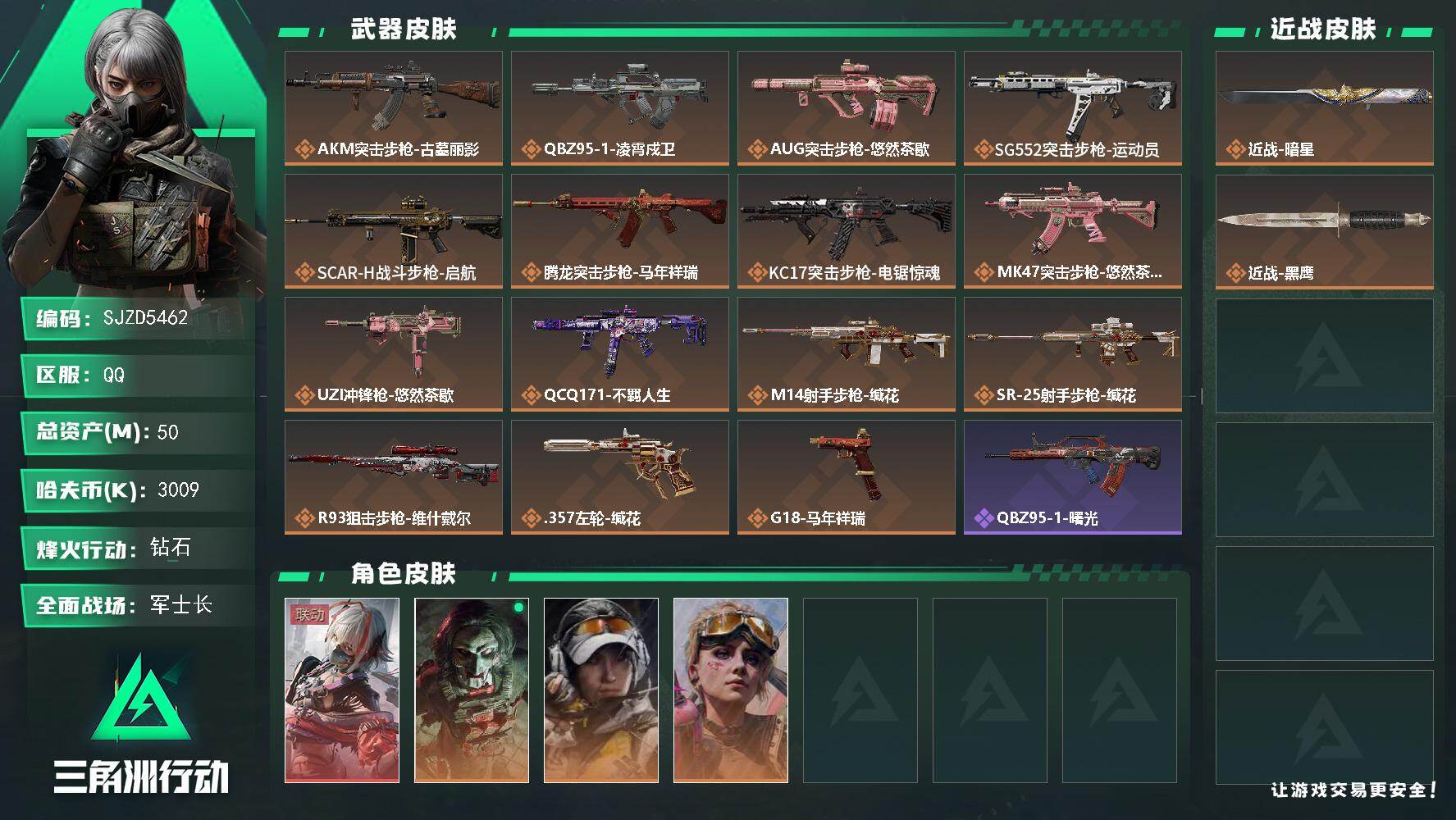三角洲行动账号QQ【SJZD5462】总资产50M/哈夫币300万/传说近战数1/干员外观数4/传说枪皮数15/战场等级22/行动等级60/安全箱等时效性道具以游戏内数据为准，详情请看图/骇爪-维什戴尔/红狼-电锯惊