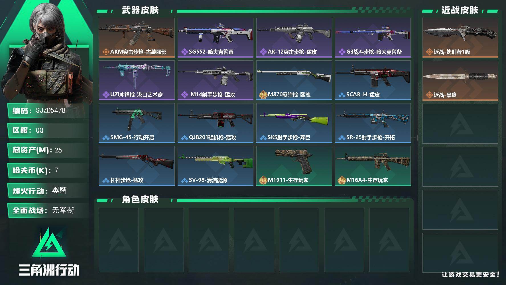 三角洲行动账号QQ【SJZD5478】总资产25M/哈夫币0万/传说近战数1/传说枪皮数1/战场等级1/行动等级60/安全箱等时效性道具以游戏内数据为准，详情请看图/近战-处刑者1级/近战-黑鹰/AKM突击步枪-古墓