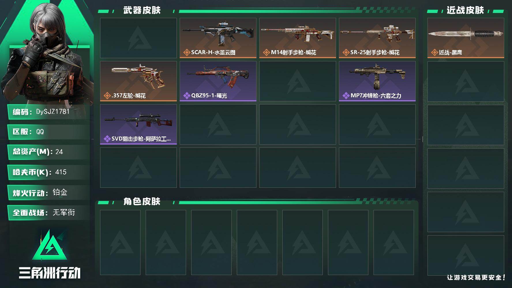 三角洲行动账号QQ【DySJZ1781】总资产24M/哈夫币41万/传说枪皮数5/战场等级1/行动等级60/安全箱等时效性道具以游戏内数据为准，详情请看图/近战-黑鹰/AKM突击步枪-古墓丽影/SCAR-H战斗步枪-