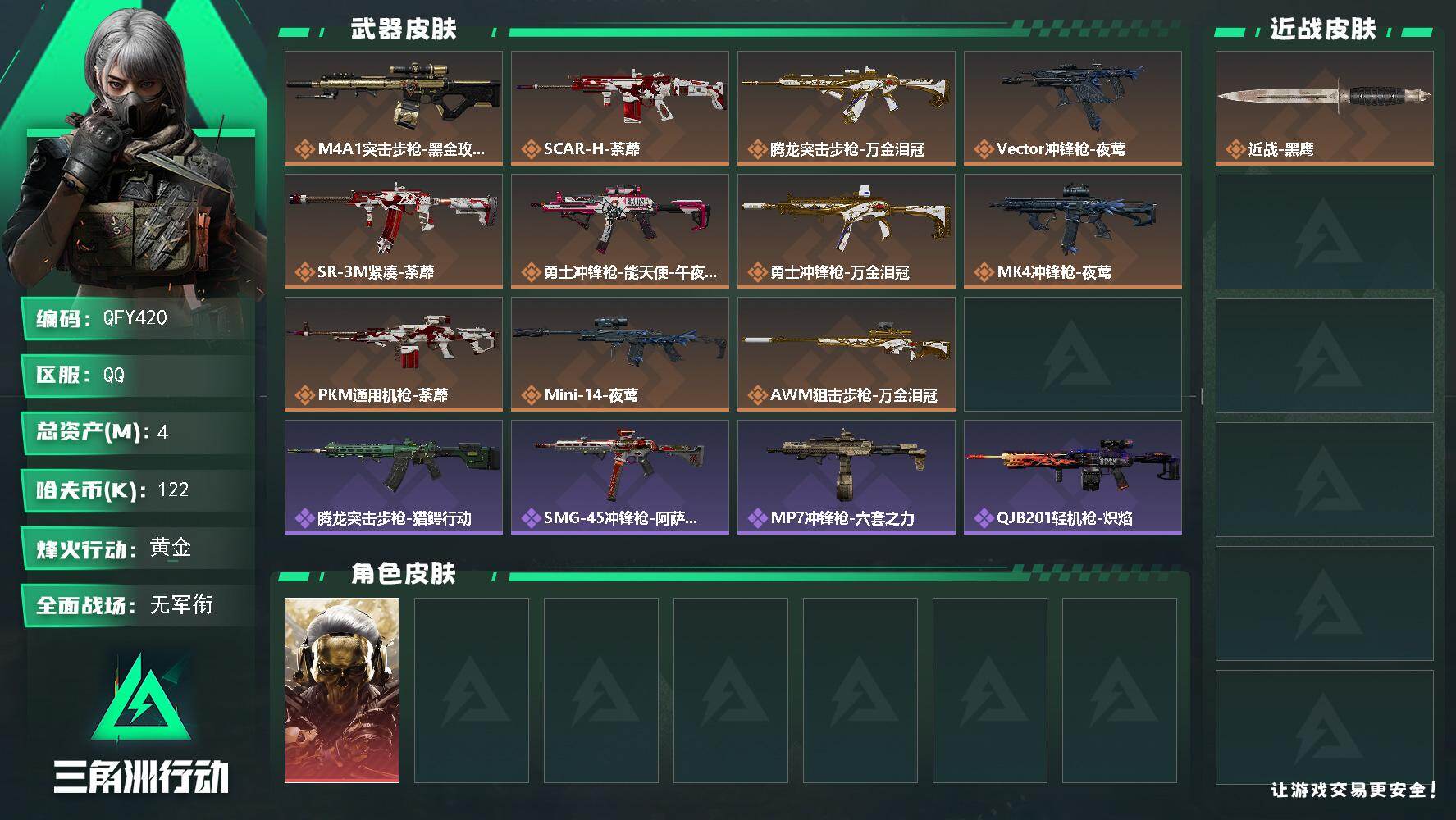三角洲行动账号QQQFY420/QQ区/【0封可二次单蚀金玫瑰精品夺舍号/花来！】【总资产:4M+红狼蚀金玫瑰+万金泪