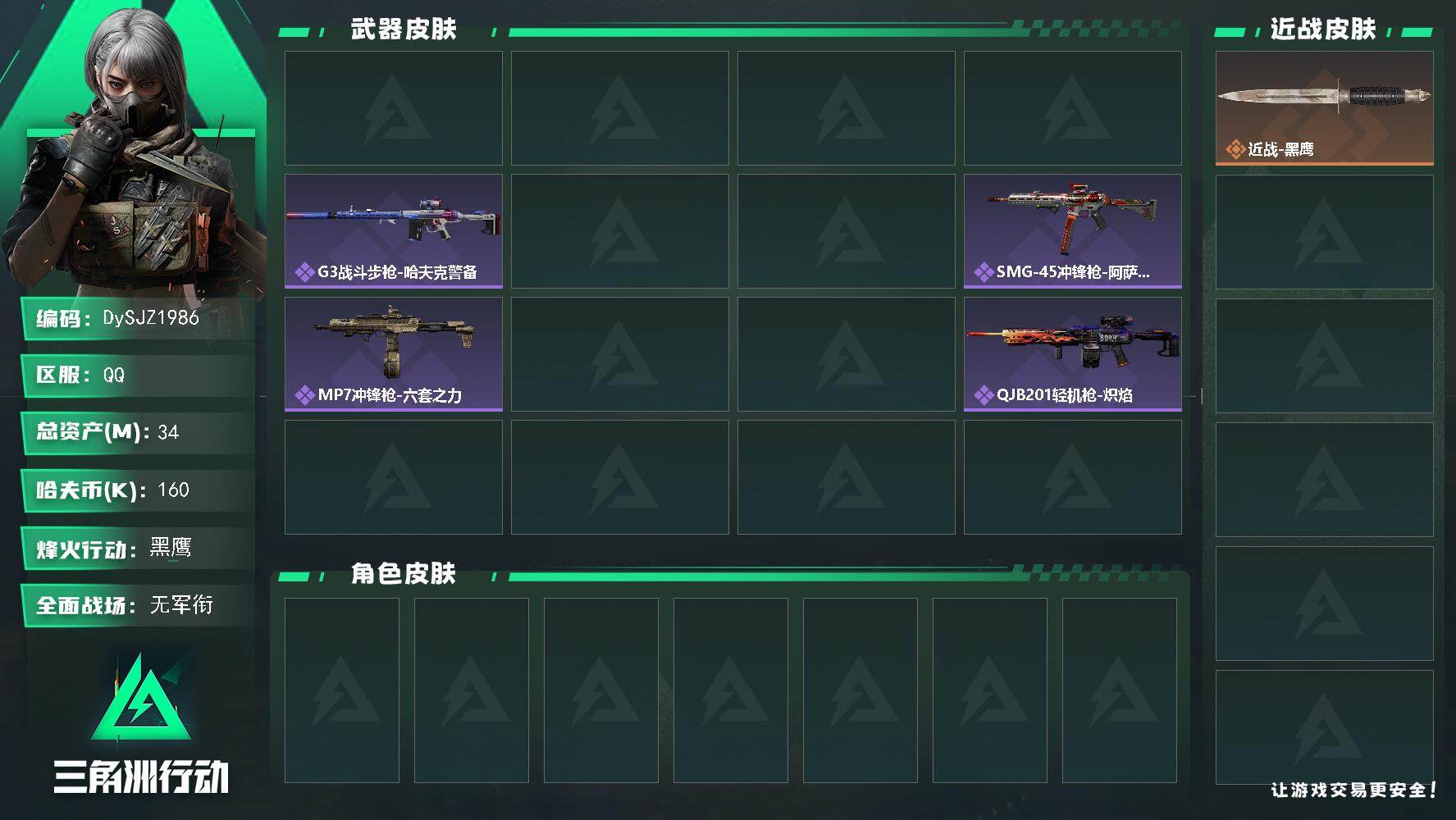 三角洲行动账号QQ【DySJZ1986】总资产34M/哈夫币16万/传说枪皮数2/战场等级5/行动等级60/安全箱等时效性道具以游戏内数据为准，详情请看图/近战-黑鹰/AKM突击步枪-古墓丽影/AUG突击步枪-西装暴