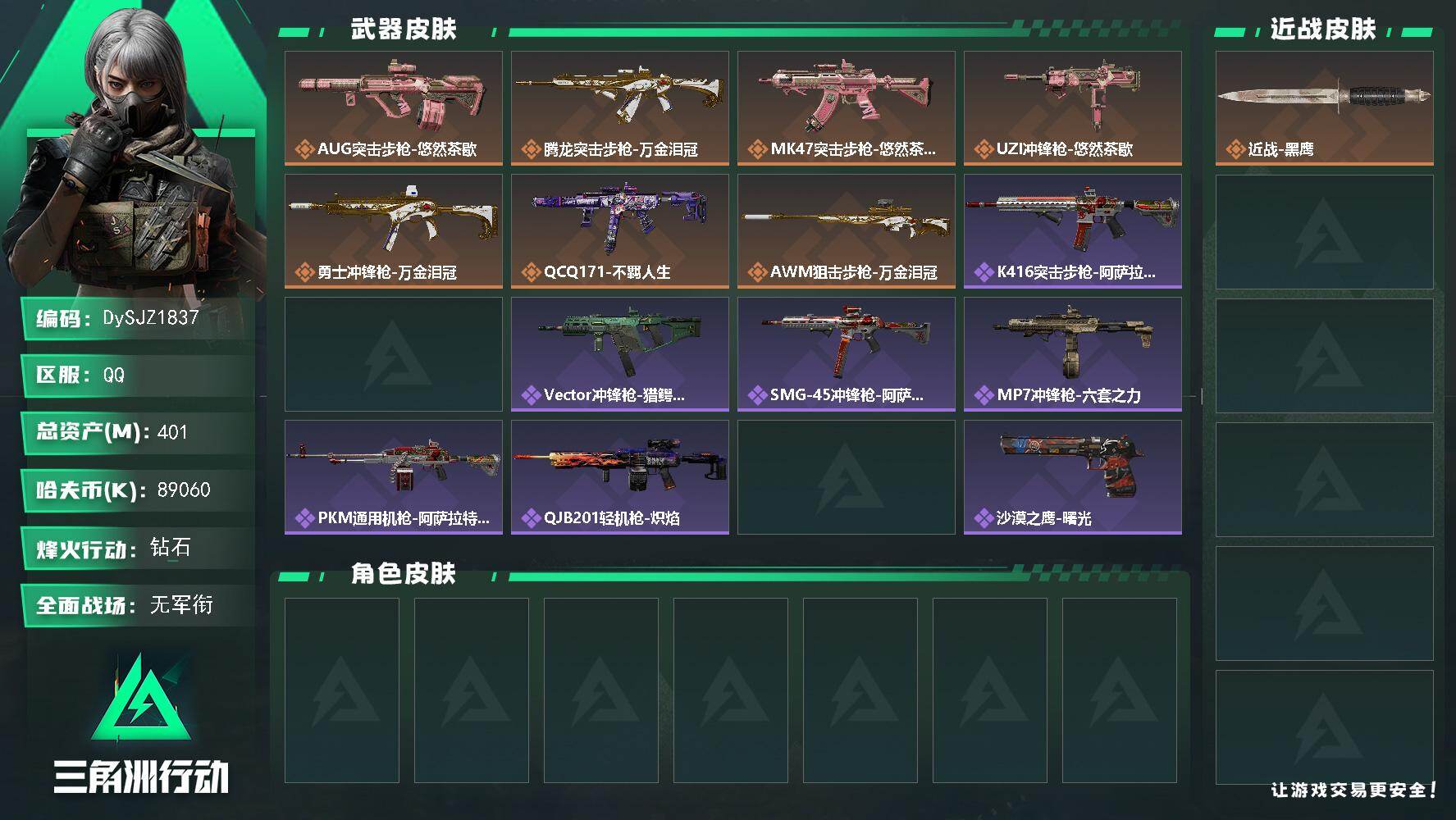三角洲行动账号QQ【DySJZ1837】总资产401M/哈夫币8906万/传说枪皮数7/战场等级1/行动等级60/安全箱等时效性道具以游戏内数据为准，详情请看图/近战-黑鹰/AUG突击步枪-悠然茶歇/腾龙突击步枪-万