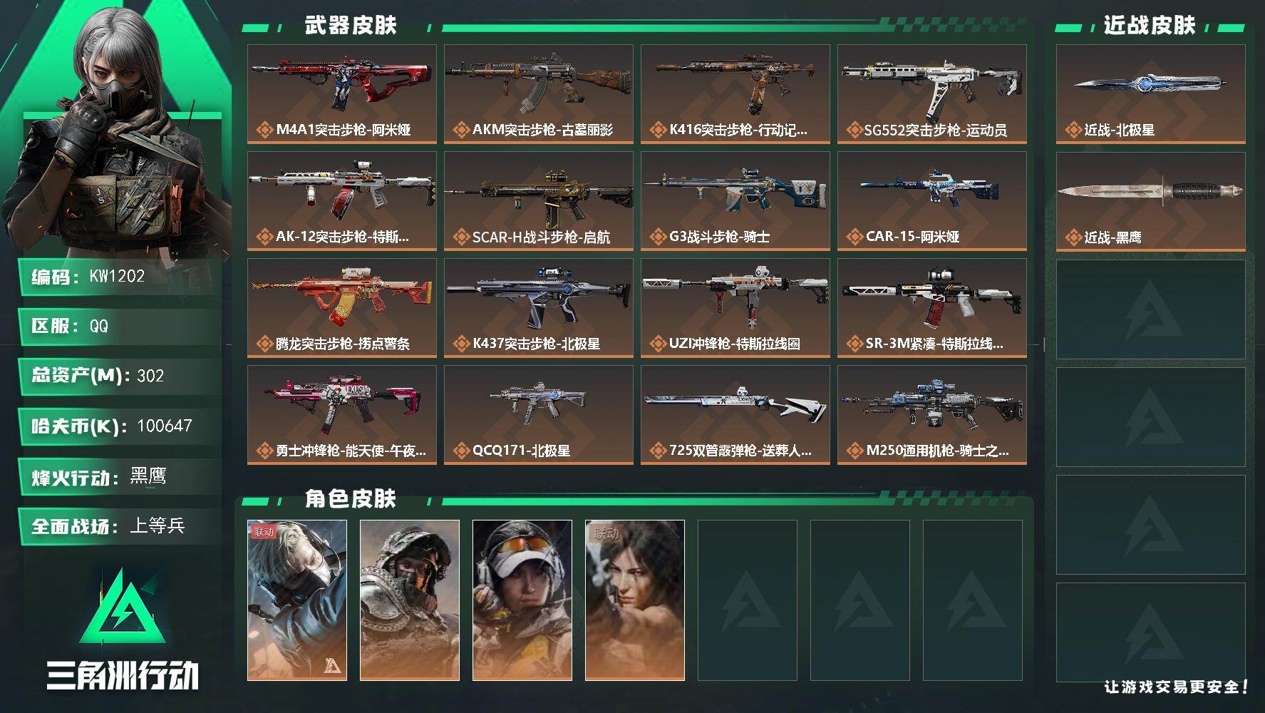 三角洲行动账号QQ【KW1202】总资产302M/哈夫币10064万/传说近战数1/干员外观数4/传说枪皮数26/战场等级37/行动等级60/安全箱等时效性道具以游戏内数据为准，详情请看图/蜂医-送葬人·无题密令/深