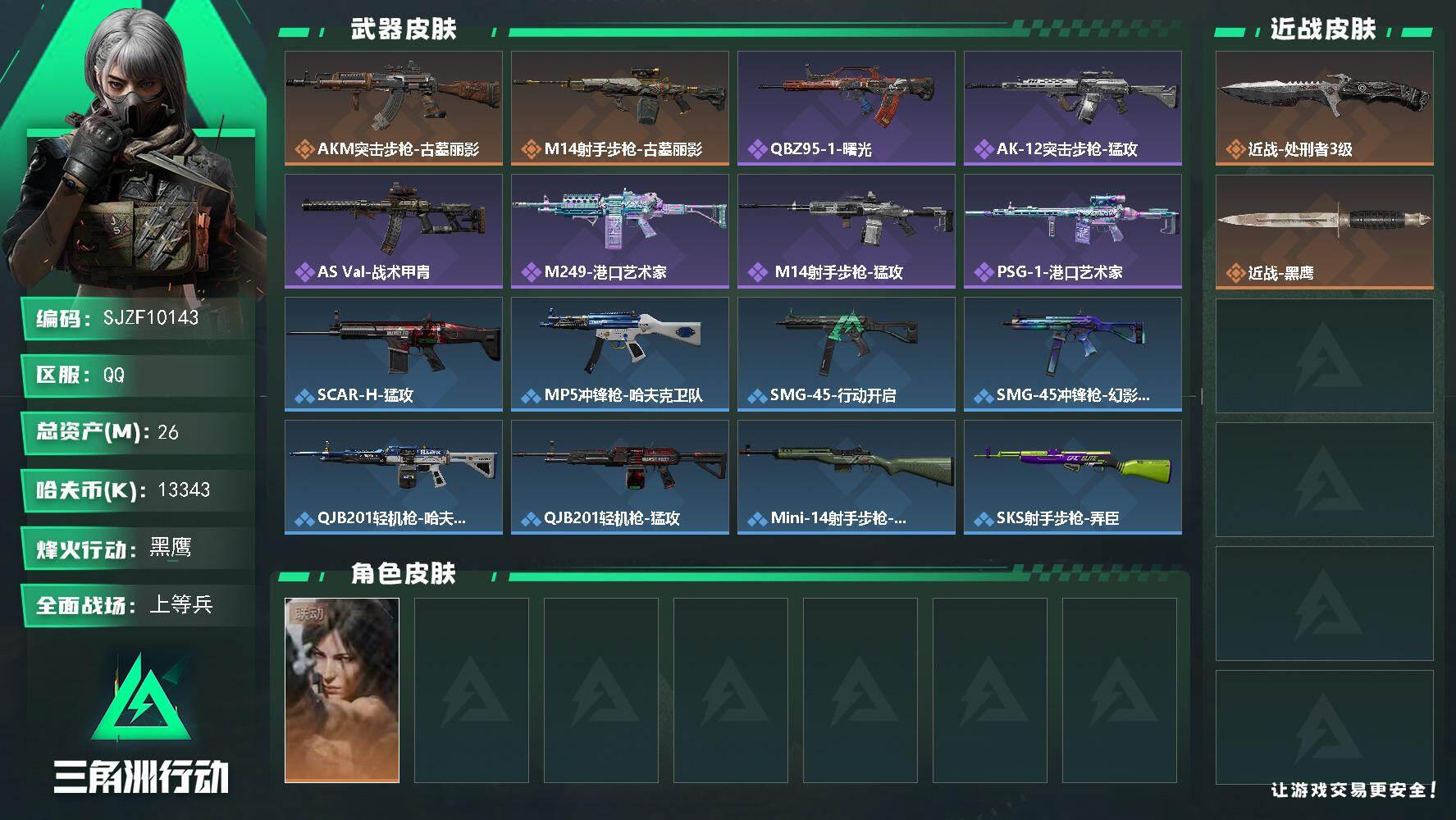 三角洲行动账号QQ【SJZF10143】总资产26M/哈夫币1334万/传说近战数1/干员外观数1/传说枪皮数2/战场等级14/行动等级60/安全箱等时效性道具以游戏内数据为准，详情请看图/露娜-劳拉·克劳馥/近战-