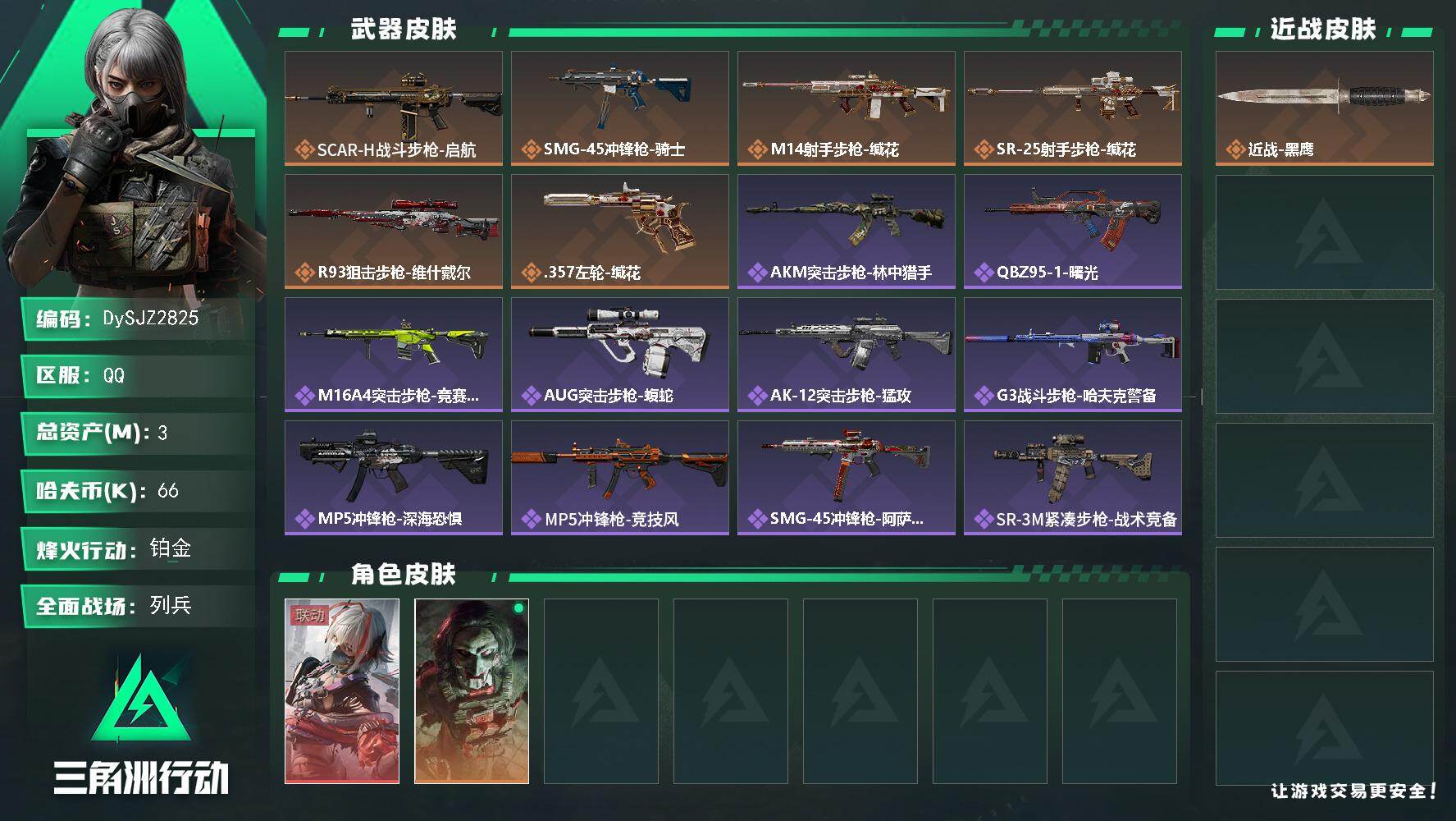 三角洲行动账号QQ【DySJZ2825】总资产3M/哈夫币6万/干员外观数2/传说枪皮数6/战场等级14/行动等级53/安全箱等时效性道具以游戏内数据为准，详情请看图/骇爪-维什戴尔/红狼-电锯惊魂/近战-黑鹰/SC