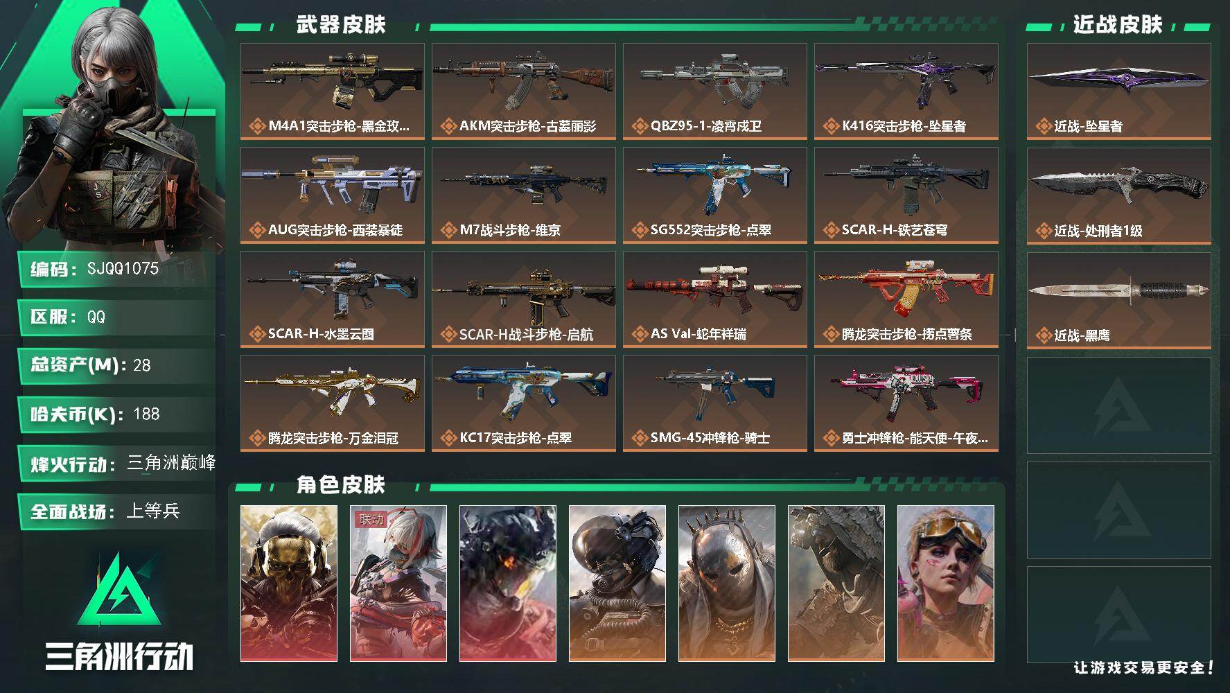 三角洲行动账号QQ【SJQQ1075】总资产28M/哈夫币18万/传说近战数2/干员外观数8/传说枪皮数30/战场等级37/行动等级60/安全箱等时效性道具以游戏内数据为准，详情请看图/红狼-蚀金玫瑰/骇爪-维什戴尔