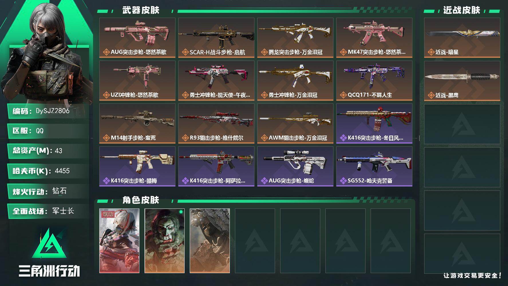 三角洲行动账号QQ【DySJZ2806】总资产43M/哈夫币445万/传说近战数1/干员外观数3/传说枪皮数11/战场等级41/行动等级60/安全箱等时效性道具以游戏内数据为准，详情请看图/骇爪-维什戴尔/红狼-电锯