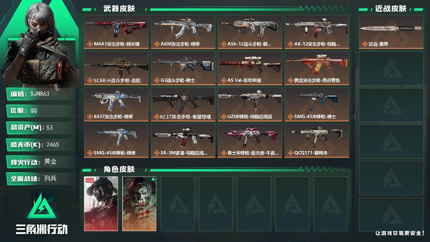 三角洲行动账号QQ【SJN863】总资产53M/哈夫币246万/干员外观数2/传说枪皮数22/战场等级16/行动等级60/安全箱等时效性道具以游戏内数据为准，详情请看图/露娜-黑·天际线/红狼-电锯惊魂/近战-黑鹰/