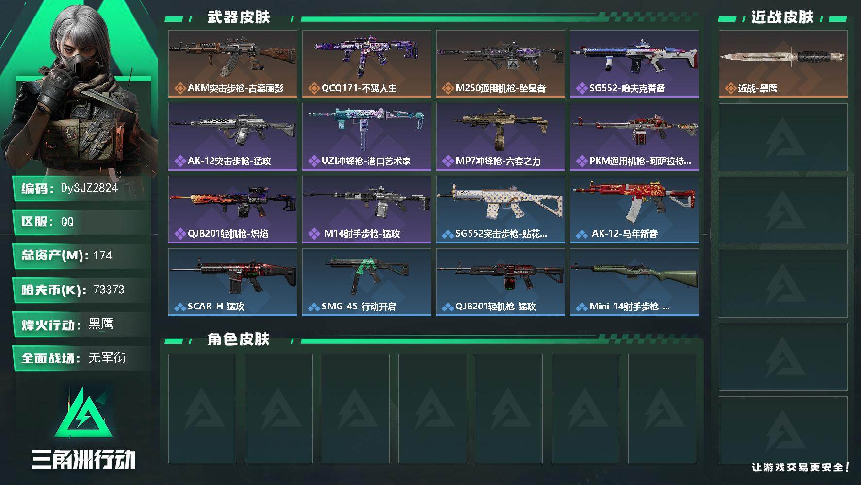 三角洲行动账号QQ【DySJZ2824】总资产174M/哈夫币7337万/传说枪皮数3/战场等级1/行动等级60/安全箱等时效性道具以游戏内数据为准，详情请看图/近战-黑鹰/AKM突击步枪-古墓丽影/QCQ171冲锋