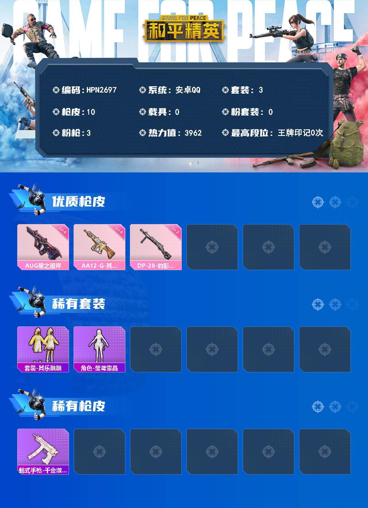 和平精英账号安卓QQ【HPN2697】3套装/枪械3/装备27/战备13/热力值3962/四级AUG-星之彼岸/四级AA12-G-其乐融融/三级DP-28-豹影疾电/AUG-星之彼岸/AA12-G-其乐融融/DP-28