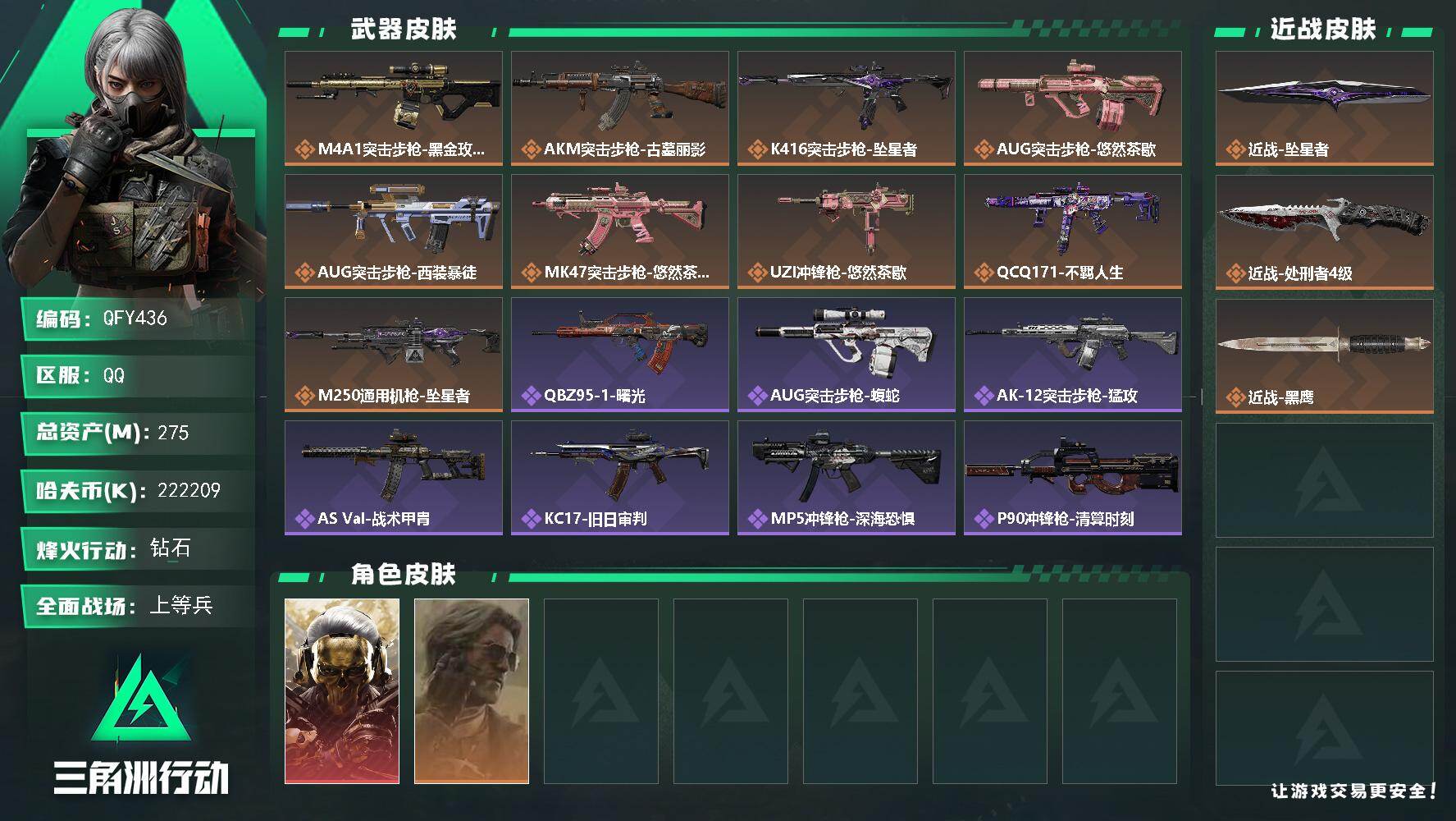 三角洲行动账号QQQFY436/QQ区/【精品高资产275M（纯币222M）+3刀皮满体力+红狼蚀金玫瑰+125发AW