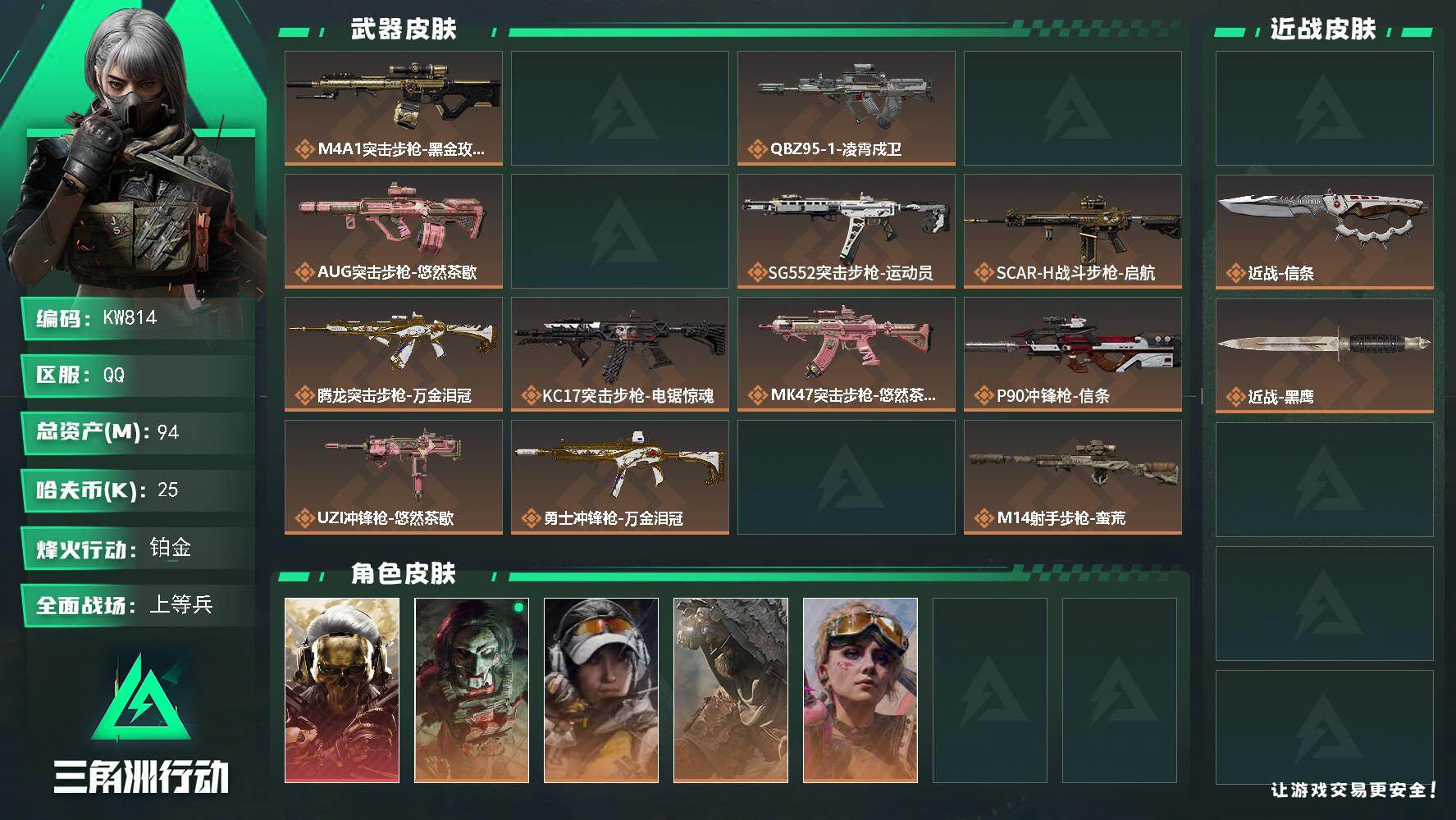 三角洲行动账号QQ【KW814】总资产94M/哈夫币2万/传说近战数2/干员外观数6/传说枪皮数19/战场等级26/行动等级60/安全箱等时效性道具以游戏内数据为准，详情请看图/红狼-蚀金玫瑰/红狼-电锯惊魂/露娜-