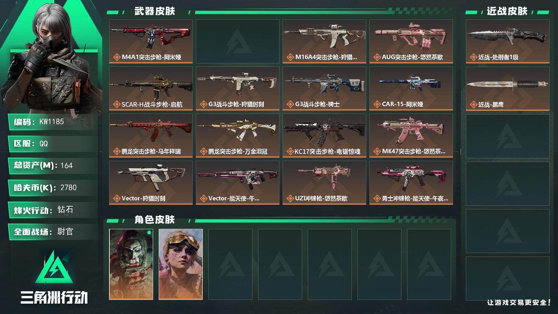 三角洲行动账号QQ【KW1185】总资产164M/哈夫币278万/传说近战数1/干员外观数2/传说枪皮数21/战场等级44/行动等级60/安全箱等时效性道具以游戏内数据为准，详情请看图/红狼-电锯惊魂/蛊-不羁人生/