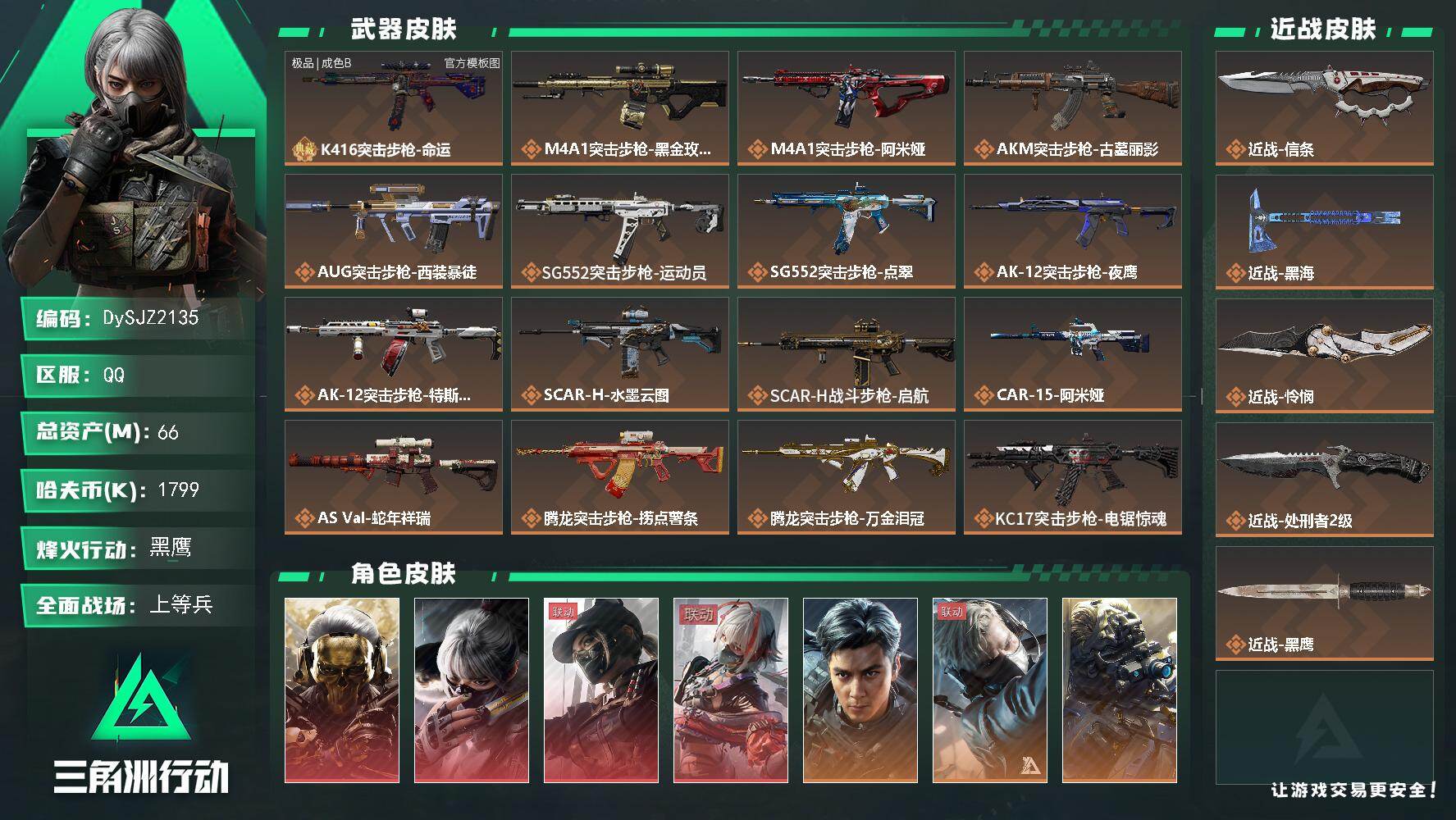 三角洲行动账号QQ【DySJZ2135】总资产66M/哈夫币179万/传说近战数4/干员外观数13/典藏外观数1/传说枪皮数35/战场等级49/行动等级60/安全箱等时效性道具以游戏内数据为准，详情请看图/红狼-蚀金