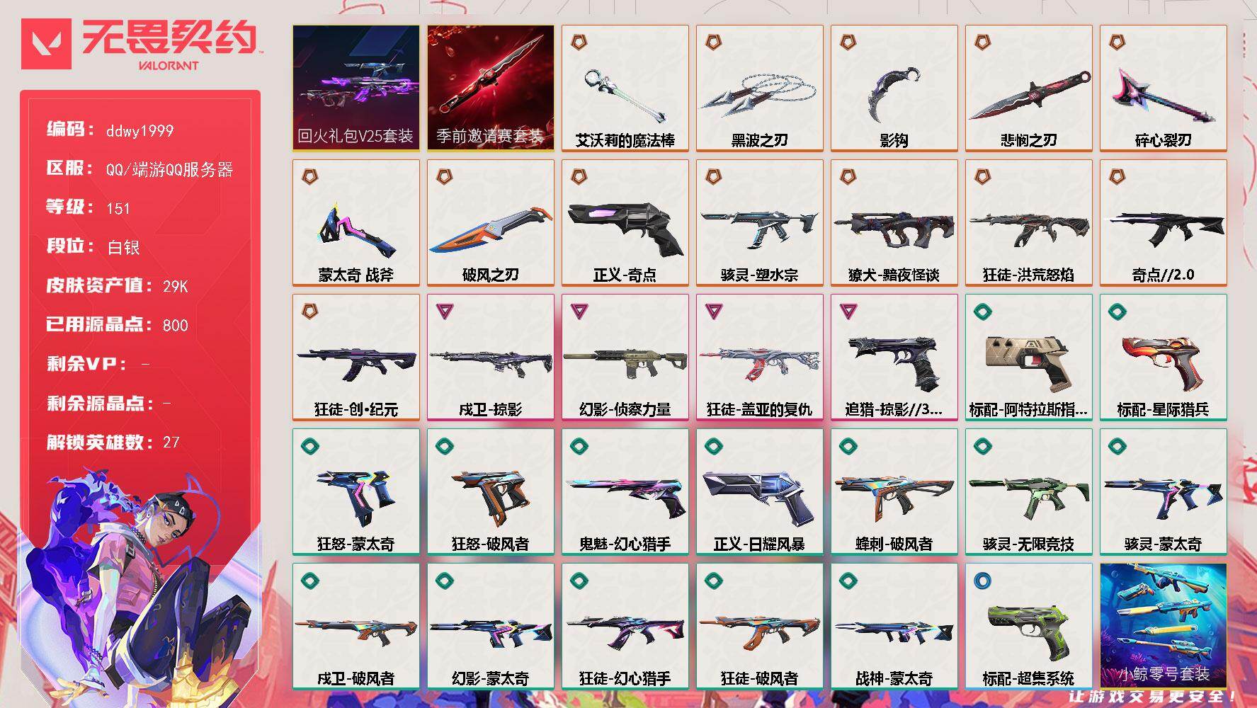 无畏契约账号QQ【ddwy1999】LV等级151/皮肤总价值29220/段位白银/总皮肤数量55/刀皮数量7/枪皮数量48/套装数量2/具体详情请看图/无畏契约季前邀请赛套装/回火礼包// V25套装/幻棱/炼狱