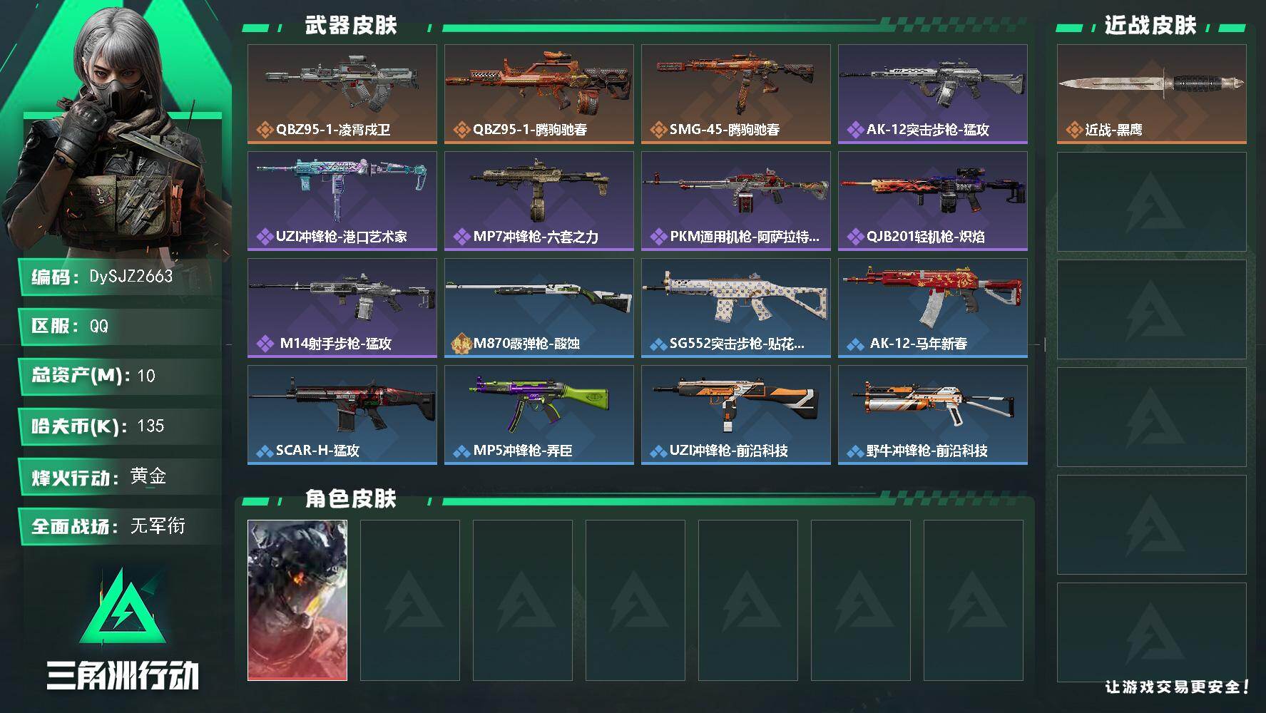 三角洲行动账号QQ【DySJZ2663】总资产10M/哈夫币13万/干员外观数1/传说枪皮数3/战场等级4/行动等级60/安全箱等时效性道具以游戏内数据为准，详情请看图/威龙-凌霄戍卫/近战-黑鹰/QBZ95-1突击