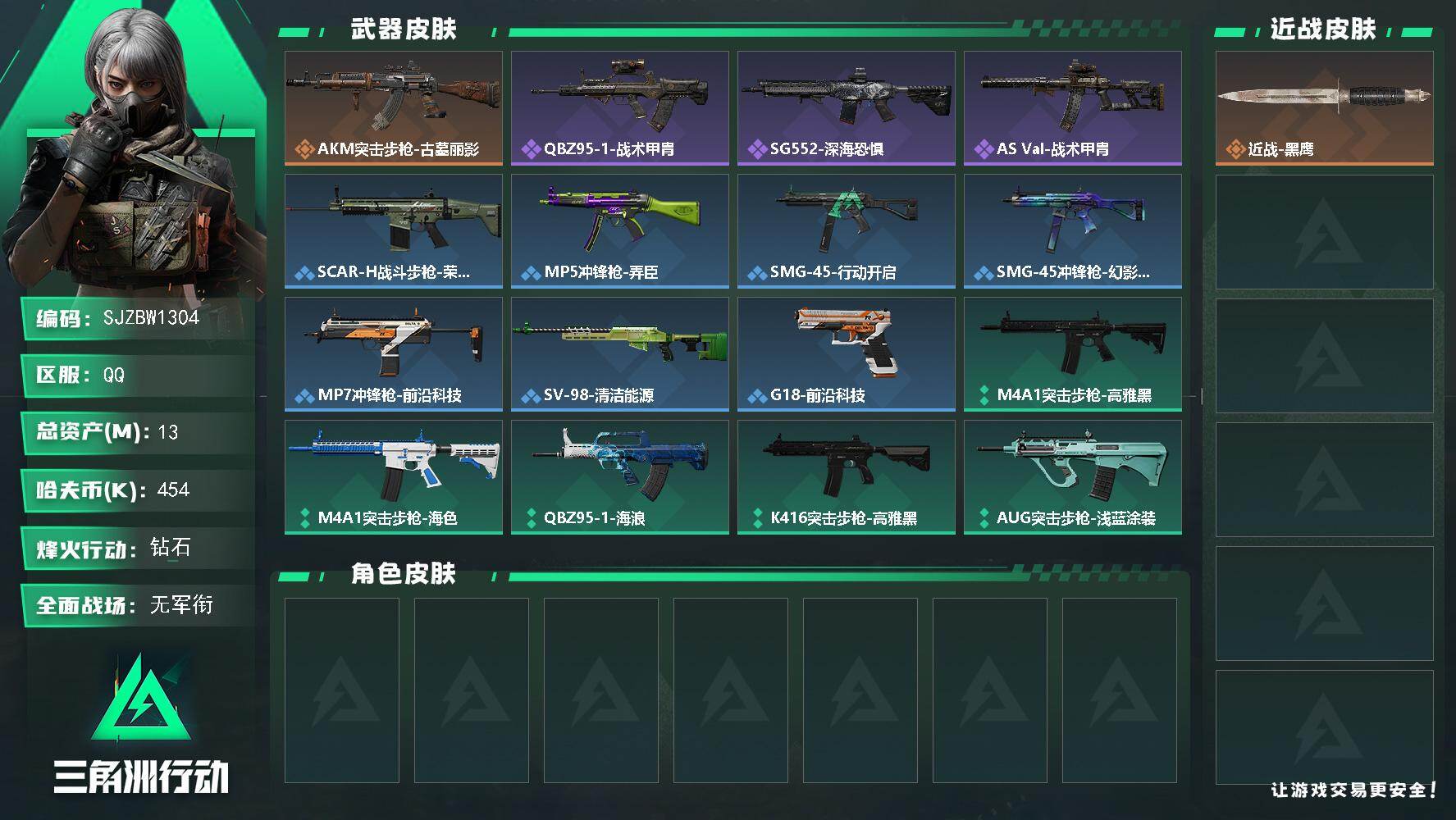 三角洲行动账号QQ【SJZBW1304】总资产13M/哈夫币45万/传说枪皮数1/战场等级1/行动等级60/安全箱等时效性道具以游戏内数据为准，详情请看图/近战-黑鹰/AKM突击步枪-古墓丽影/QBZ95-1突击步枪