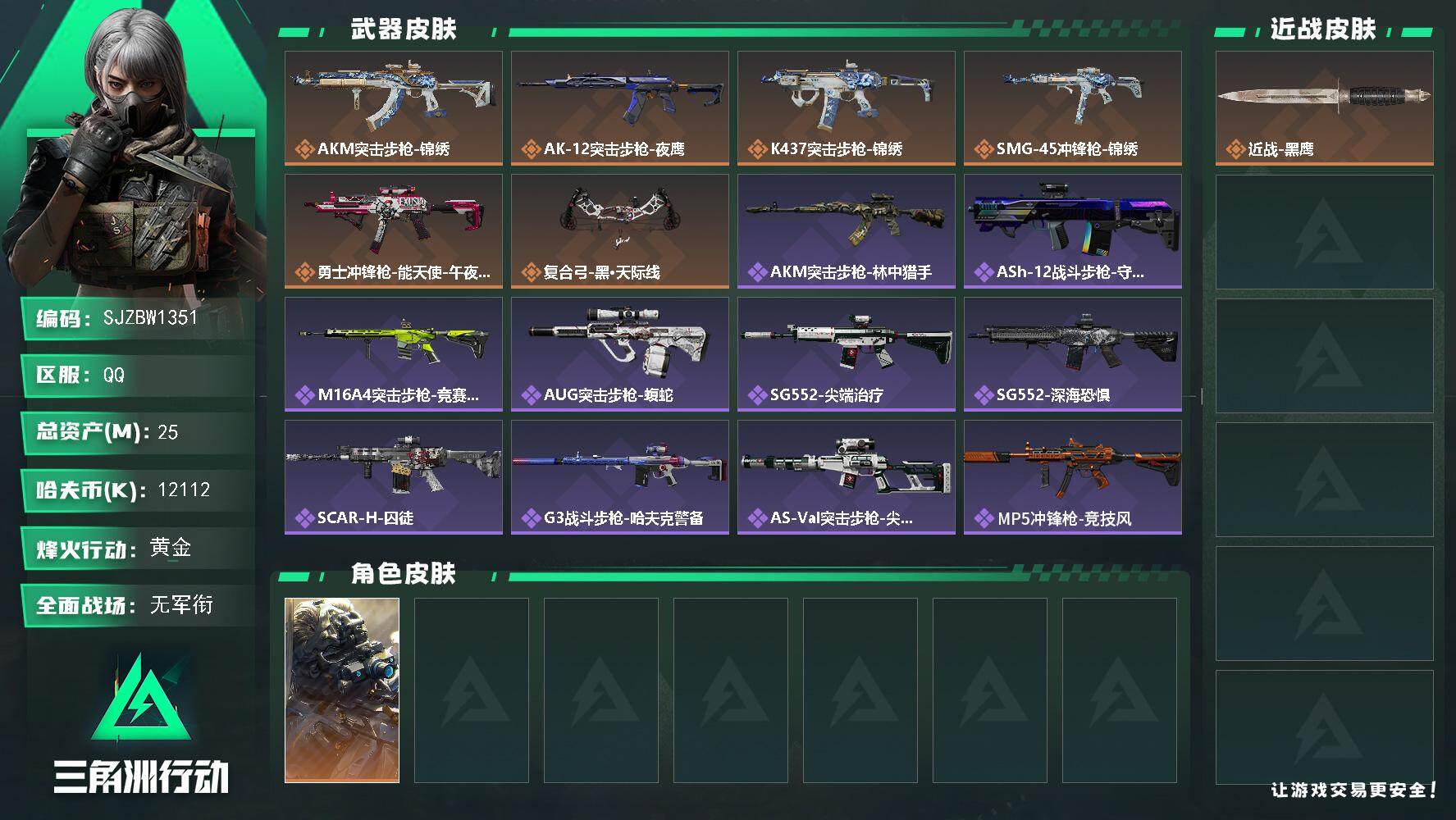 三角洲行动账号QQ【SJZBW1351】总资产25M/哈夫币1211万/干员外观数1/传说枪皮数6/战场等级4/行动等级54/安全箱等时效性道具以游戏内数据为准，详情请看图/无名-夜鹰/近战-黑鹰/AKM突击步枪-锦