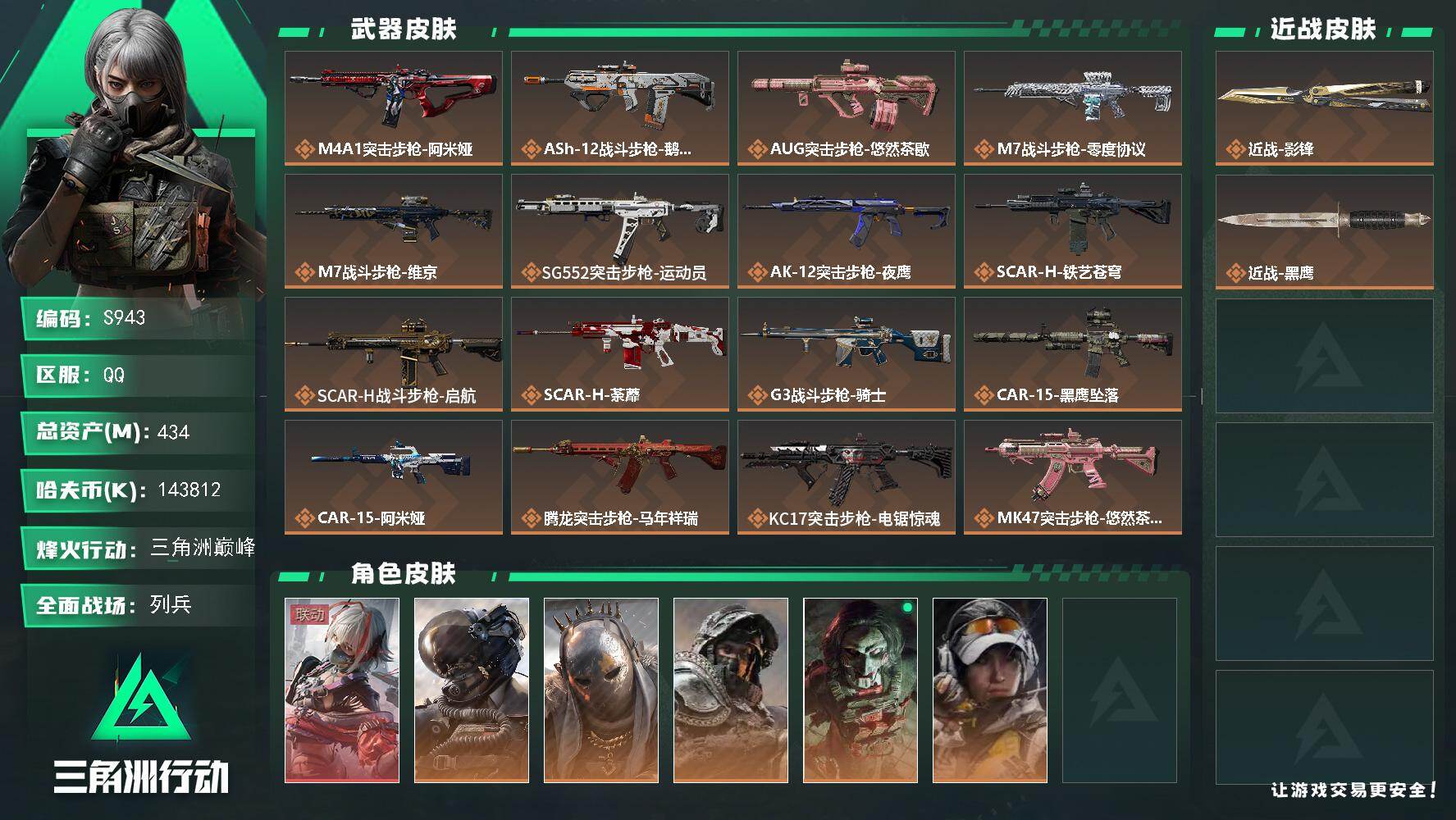 三角洲行动账号QQ【S943】总资产434M/哈夫币14381万/传说近战数1/干员外观数7/传说枪皮数31/战场等级27/行动等级60/安全箱等时效性道具以游戏内数据为准，详情请看图/骇爪-维什戴尔/威龙-壮志凌云