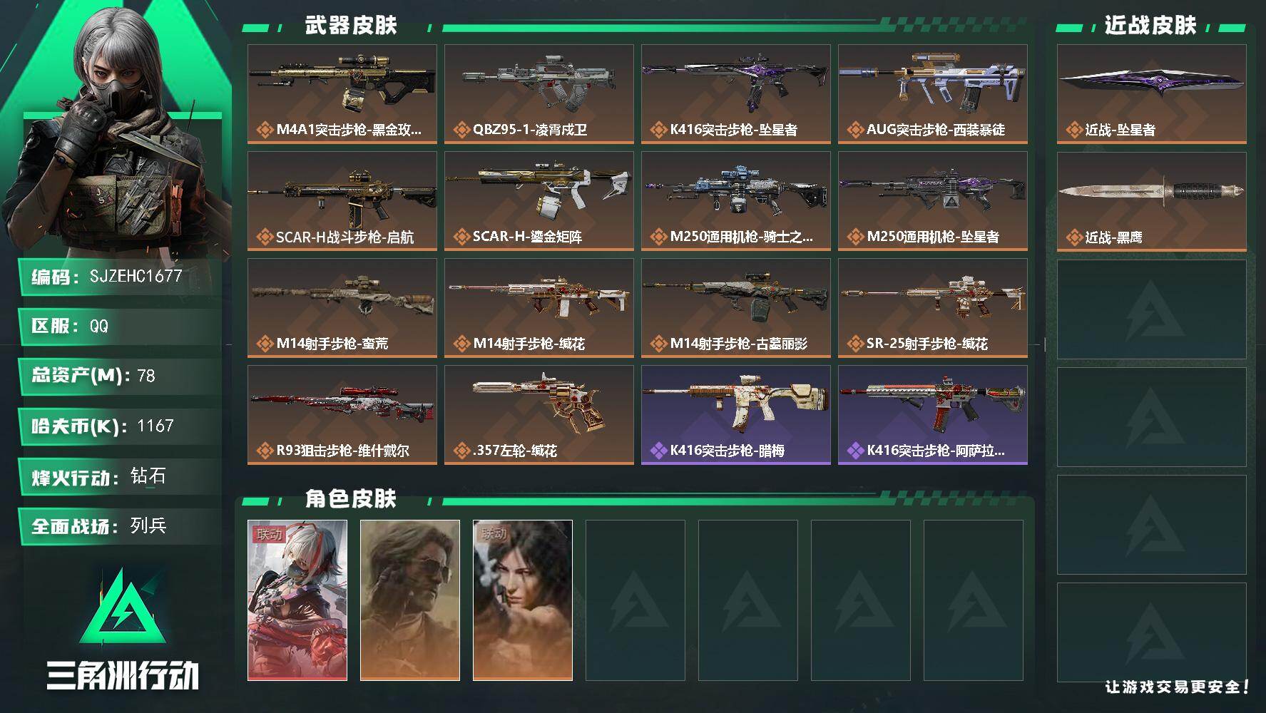 三角洲行动账号QQ【SJZEHC1677】EHC30211    1红皮/2金皮/1刀皮/坠星者
78m总资产-1167k哈夫币-60烽火等级-钻石-21战场等级-列兵
【干员外观】：骇爪-维什戴尔，银翼-未结卷宗，
