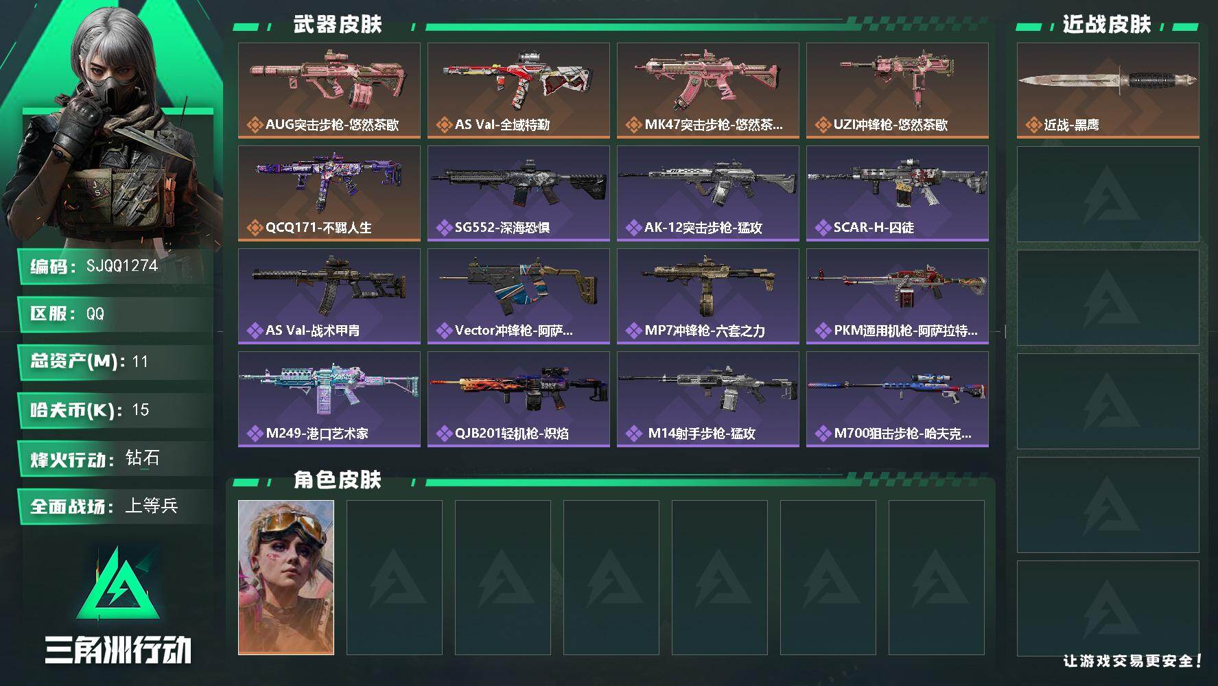 三角洲行动账号QQ【SJQQ1274】总资产11M/哈夫币1万/干员外观数1/传说枪皮数5/战场等级21/行动等级60/安全箱等时效性道具以游戏内数据为准，详情请看图/蛊-不羁人生/近战-黑鹰/AUG突击步枪-悠然茶