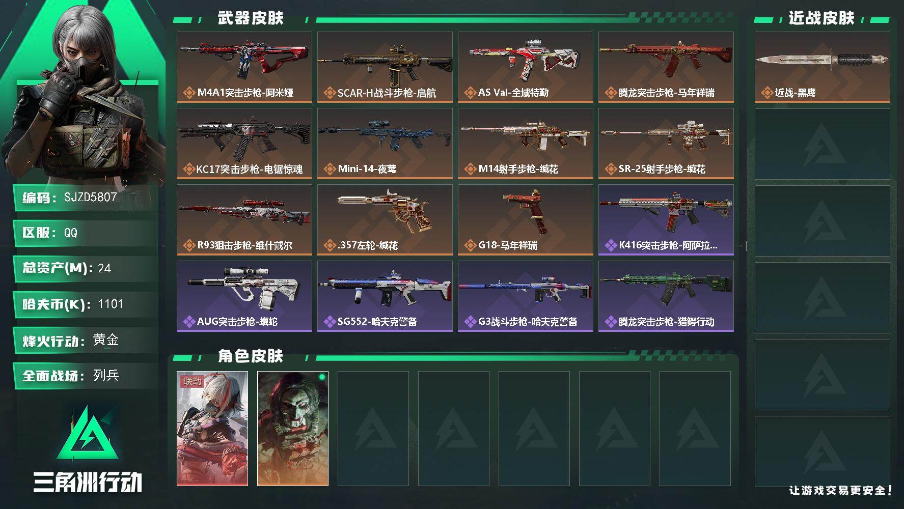三角洲行动账号QQ【SJZD5807】总资产24M/哈夫币110万/干员外观数2/传说枪皮数11/战场等级19/行动等级36/安全箱等时效性道具以游戏内数据为准，详情请看图/骇爪-维什戴尔/红狼-电锯惊魂/近战-黑鹰
