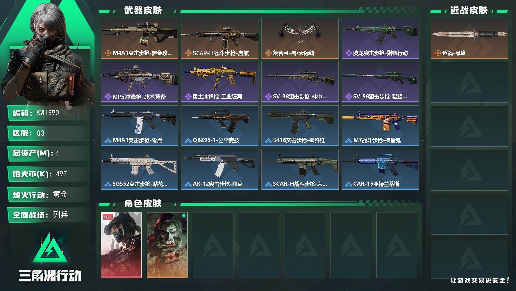 三角洲行动账号QQ【KW1390】总资产1M/哈夫币49万/干员外观数2/传说枪皮数3/战场等级17/行动等级32/安全箱等时效性道具以游戏内数据为准，详情请看图/露娜-黑·天际线/红狼-电锯惊魂/近战-黑鹰/M4A