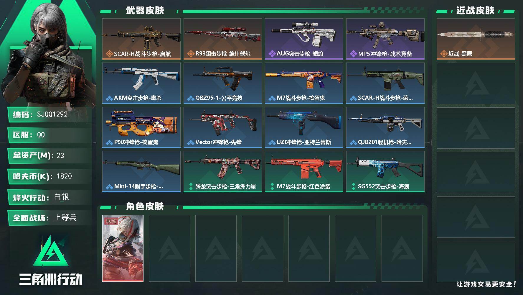 三角洲行动账号QQ【SJQQ1292】总资产23M/哈夫币182万/干员外观数1/传说枪皮数2/战场等级21/行动等级31/安全箱等时效性道具以游戏内数据为准，详情请看图/骇爪-维什戴尔/近战-黑鹰/SCAR-H战斗