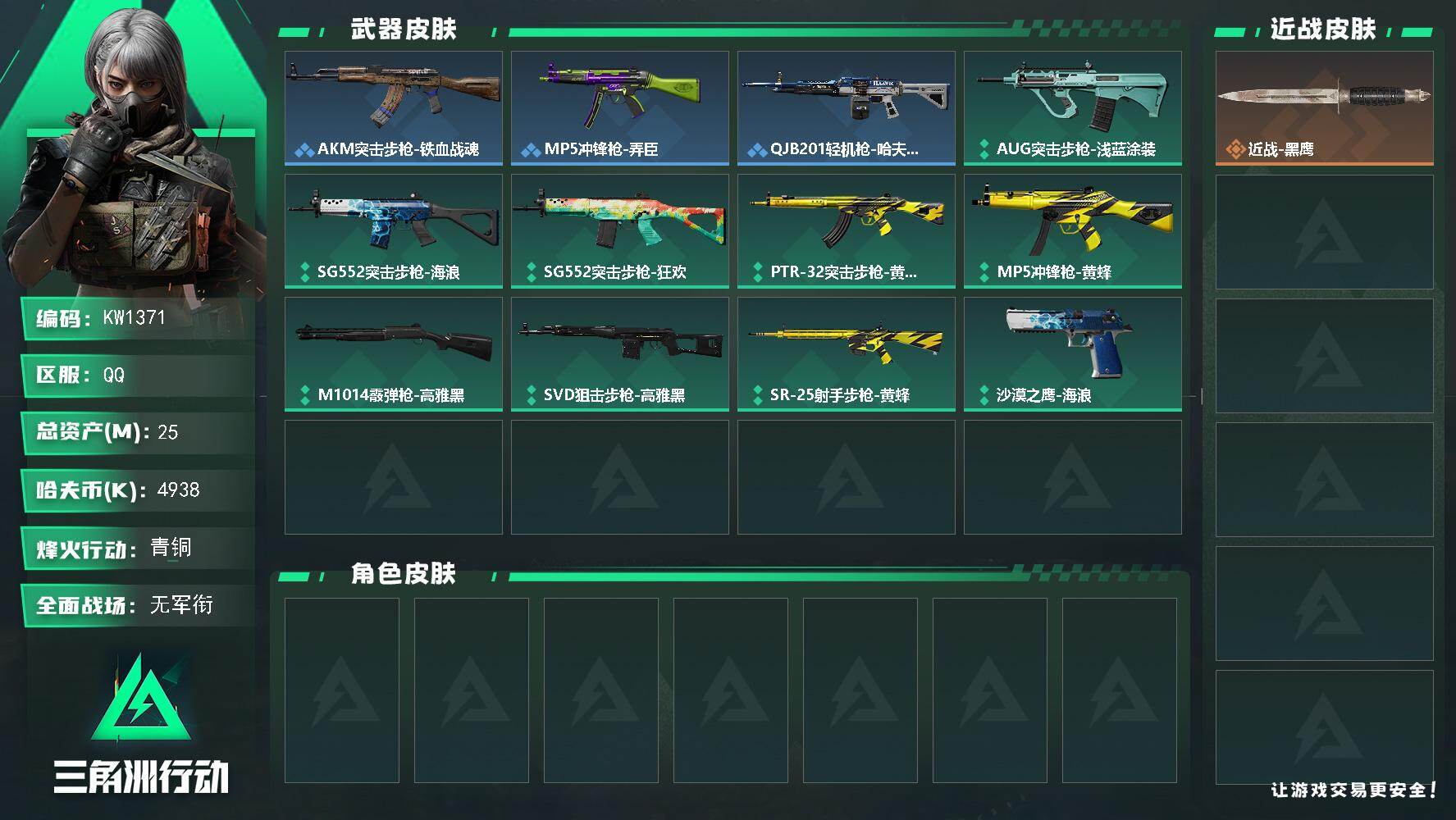 三角洲行动账号QQ【KW1371】总资产25M/哈夫币493万/战场等级1/行动等级29/安全箱等时效性道具以游戏内数据为准，详情请看图/近战-黑鹰/AKM突击步枪-铁血战魂/MP5冲锋枪-弄臣/QJB201轻机枪-