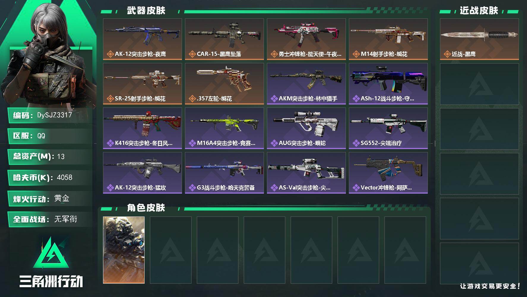 三角洲行动账号QQ【DySJZ3317】总资产13M/哈夫币405万/干员外观数1/传说枪皮数6/战场等级1/行动等级60/安全箱等时效性道具以游戏内数据为准，详情请看图/无名-夜鹰/近战-黑鹰/AK-12突击步枪-