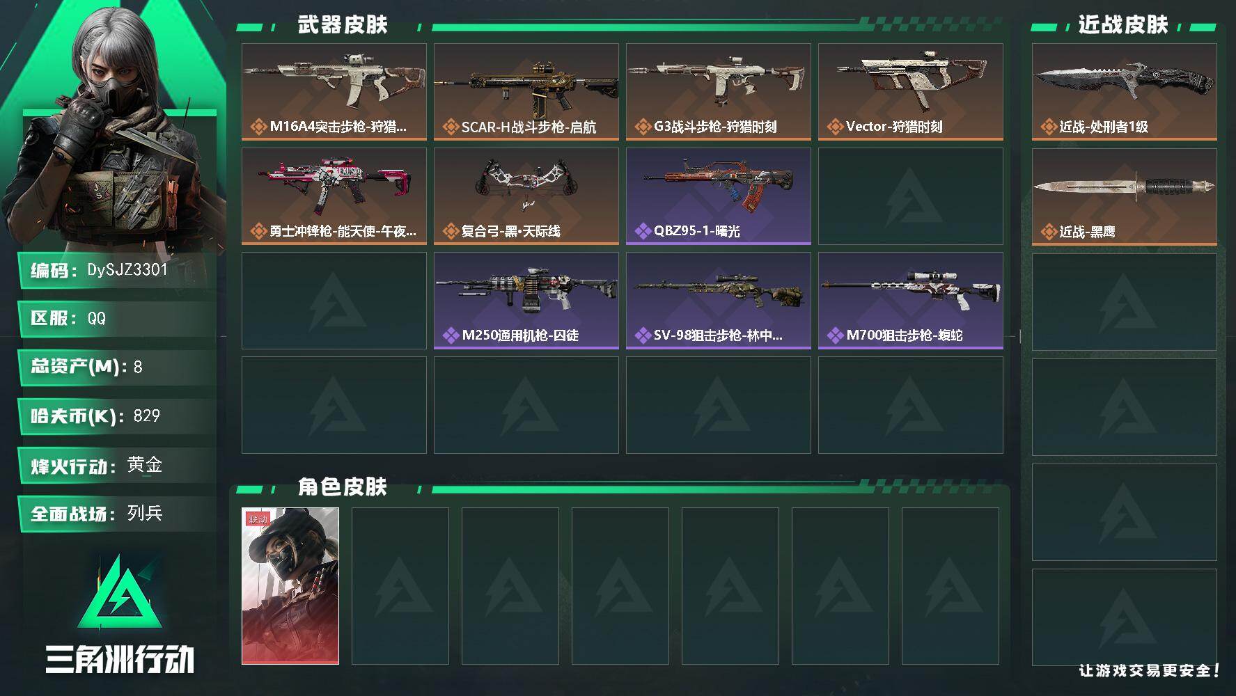 三角洲行动账号QQ【DySJZ3301】总资产8M/哈夫币82万/传说近战数1/干员外观数1/传说枪皮数6/战场等级23/行动等级45/安全箱等时效性道具以游戏内数据为准，详情请看图/露娜-黑·天际线/近战-处刑者1