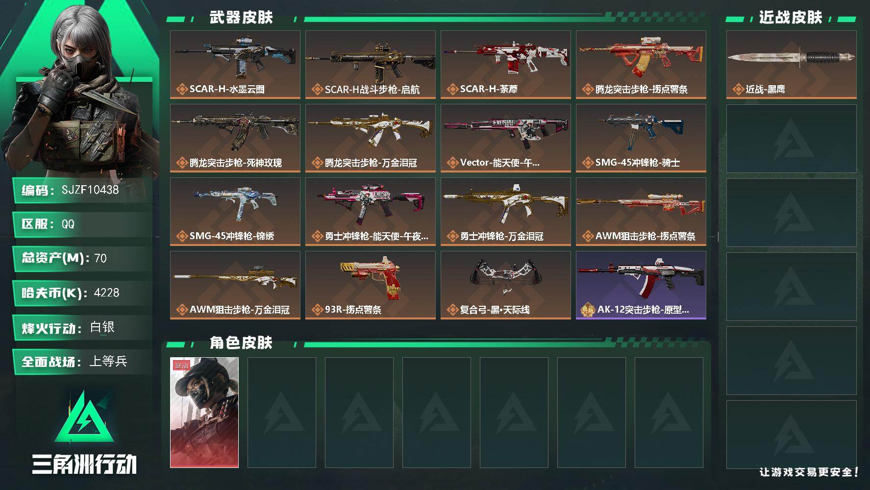 三角洲行动账号QQ【SJZF10438】总资产70M/哈夫币422万/干员外观数1/传说枪皮数15/战场等级29/行动等级60/安全箱等时效性道具以游戏内数据为准，详情请看图/露娜-黑·天际线/近战-黑鹰/SCAR-