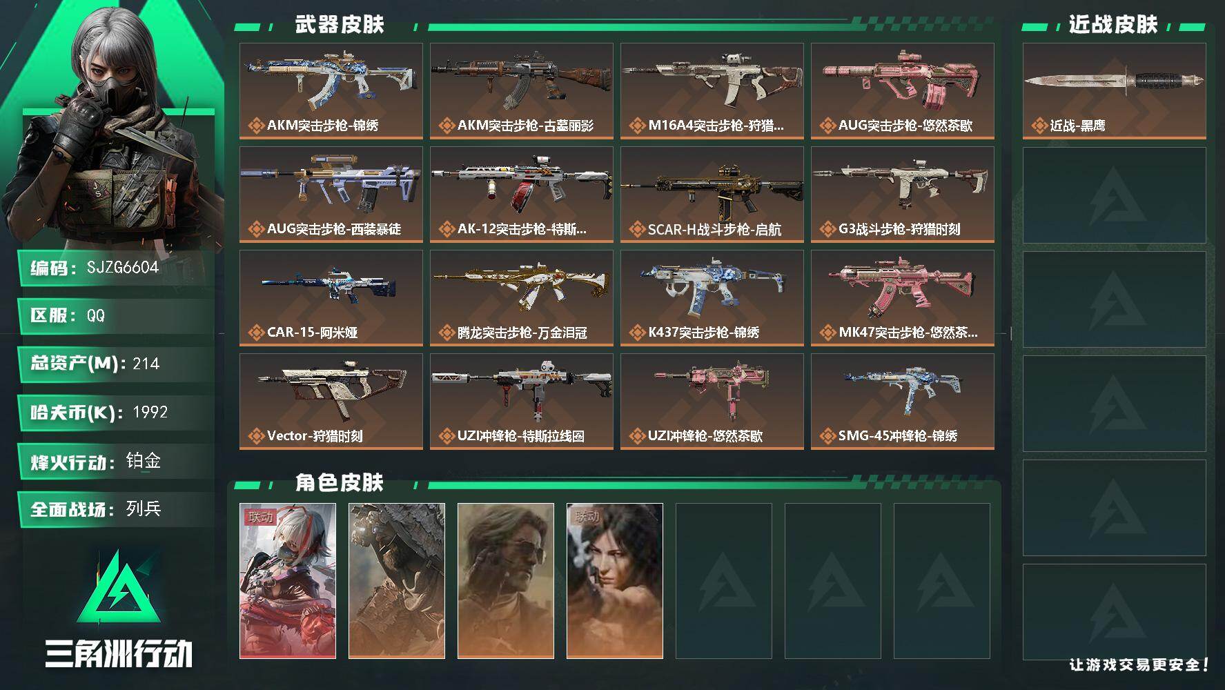 三角洲行动账号QQ【SJZG6604】总资产214M/哈夫币199万/干员外观数4/传说枪皮数24/战场等级19/行动