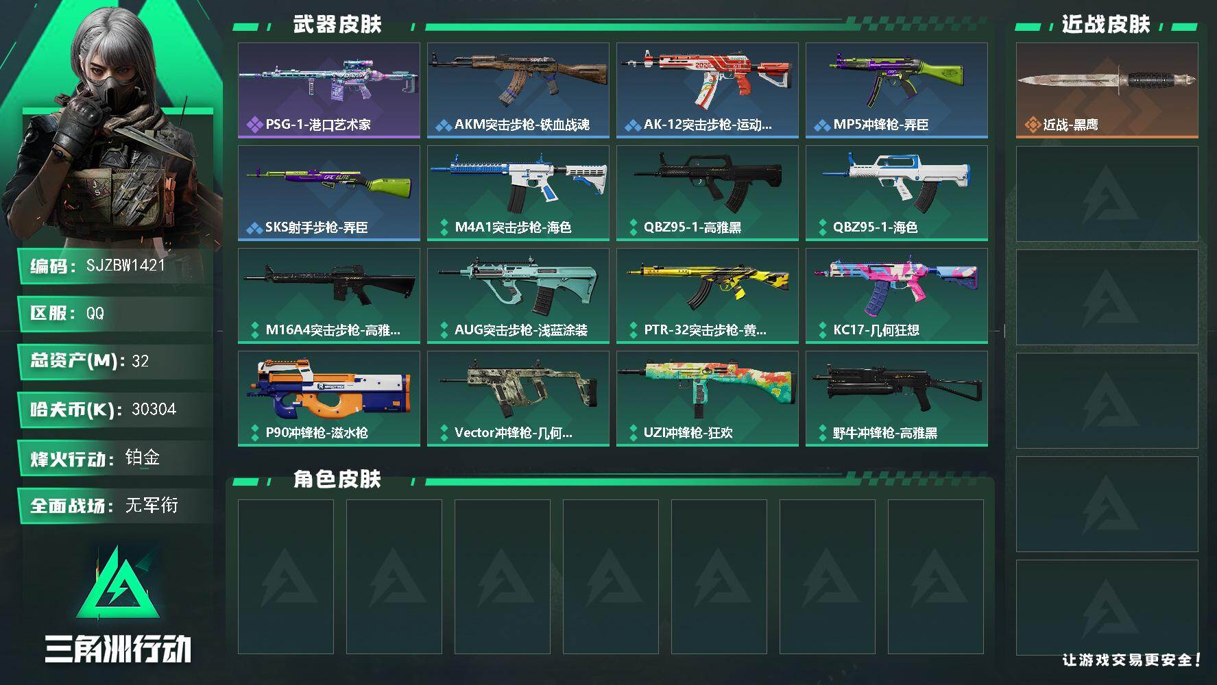 三角洲行动账号QQ【SJZBW1421】总资产32M/哈夫币3030万/战场等级1/行动等级27/安全箱等时效性道具以游戏内数据为准，详情请看图/近战-黑鹰/PSG-1射手步枪-港口艺术家/AKM突击步枪-铁血战魂/