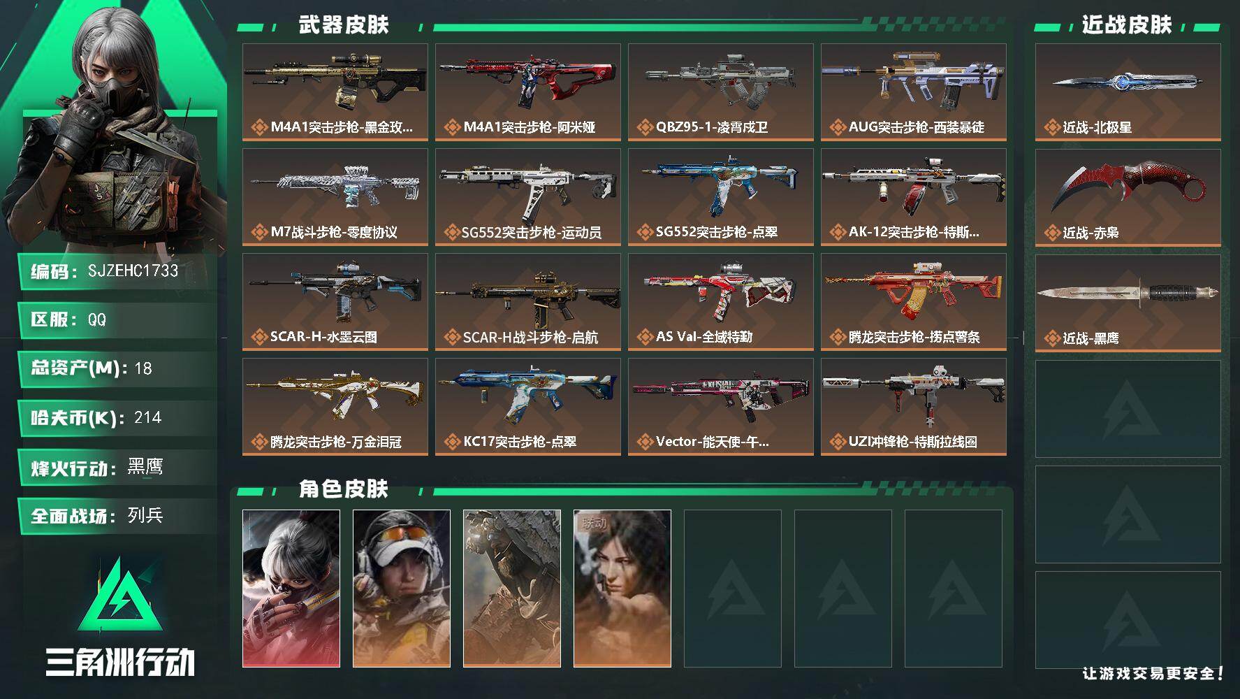 三角洲行动账号QQ【SJZEHC1733】EHC40118	1红皮/3金皮/2刀皮/18m总资产-214k哈夫币-60烽火等级-黑鹰-18战场等级-列兵
【干员外观】：骇爪-水墨云图，露娜-金牌射手，乌鲁鲁-荒原猎手