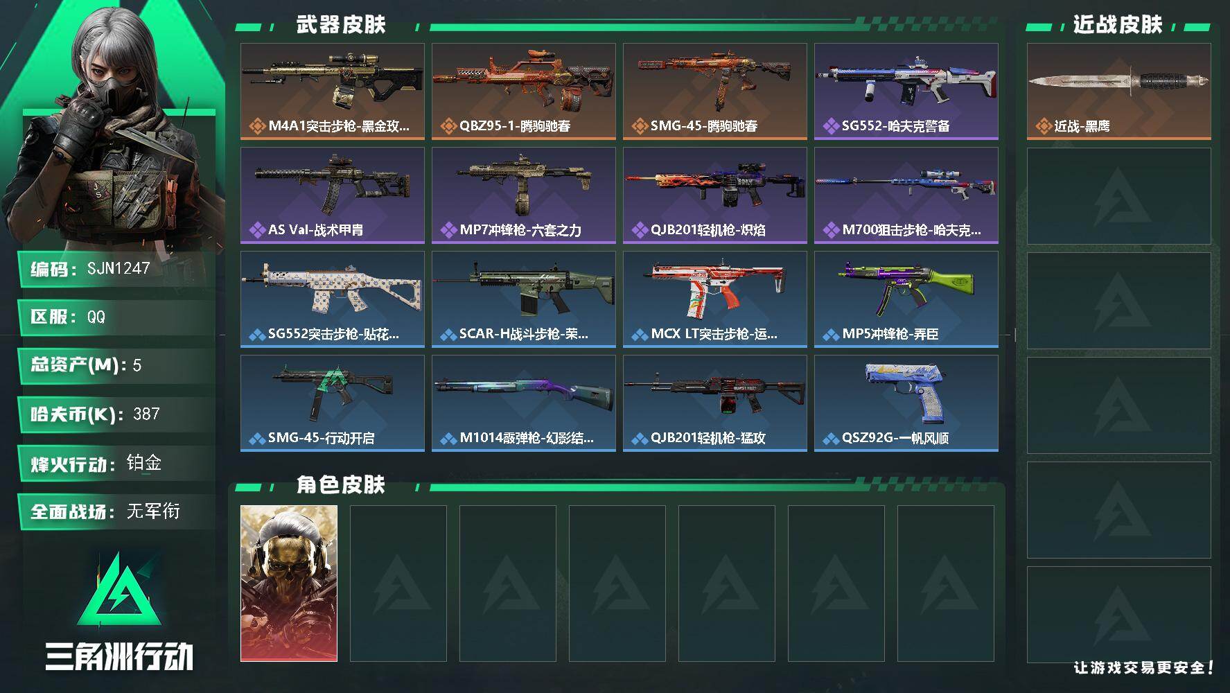 三角洲行动账号QQ【SJN1247】总资产5M/哈夫币38万/干员外观数1/传说枪皮数3/战场等级1/行动等级43/安全箱等时效性道具以游戏内数据为准，详情请看图/红狼-蚀金玫瑰/近战-黑鹰/M4A1突击步枪-蚀金玫