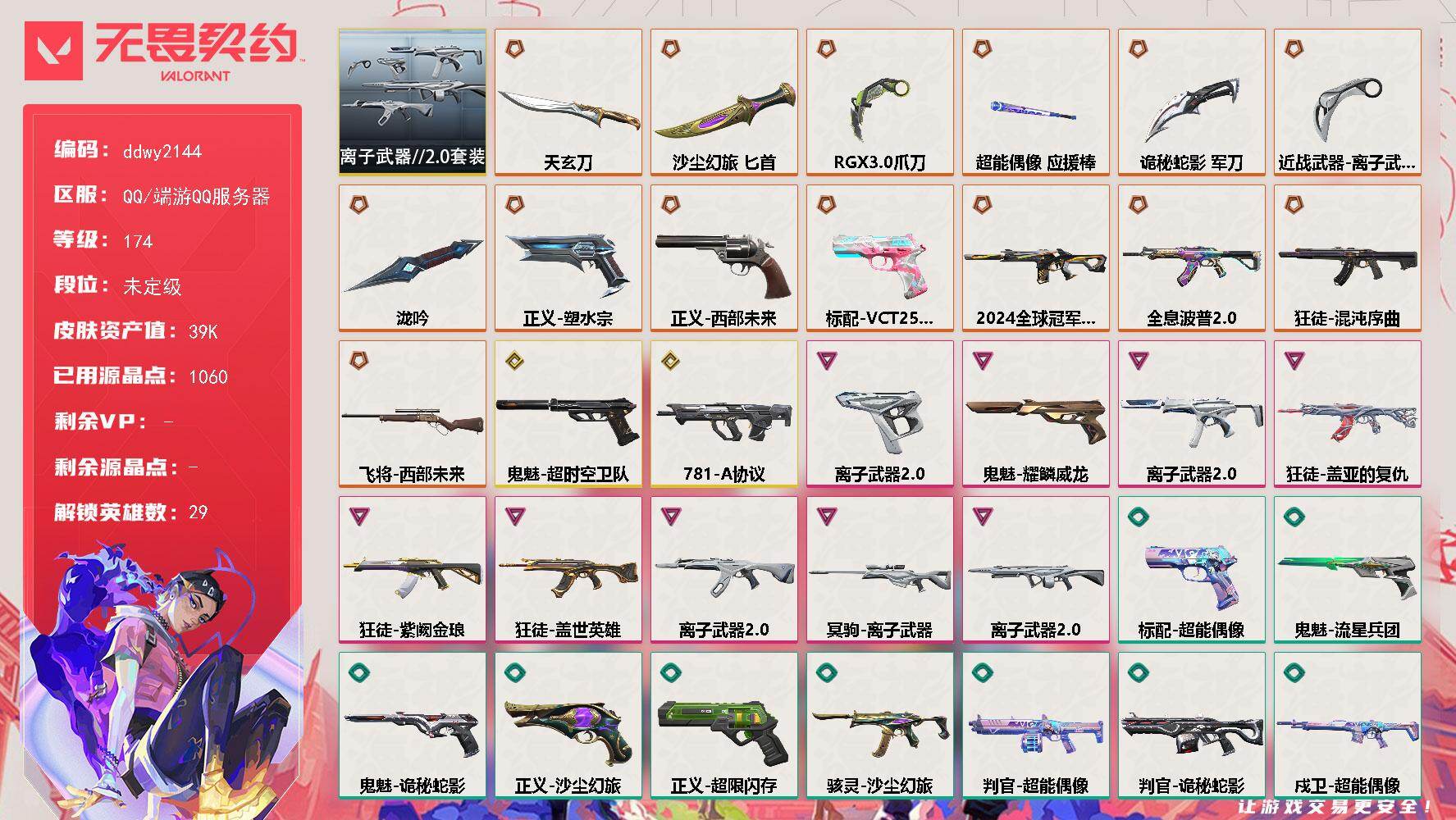 无畏契约账号QQ【ddwy2144】LV等级174/皮肤总价值39440/段位未定级/总皮肤数量77/刀皮数量7/枪皮数量70/套装数量1/具体详情请看图/离子武器//2.0套装/幻棱/炼狱/维斯/暮蝶/钛狐/壹决