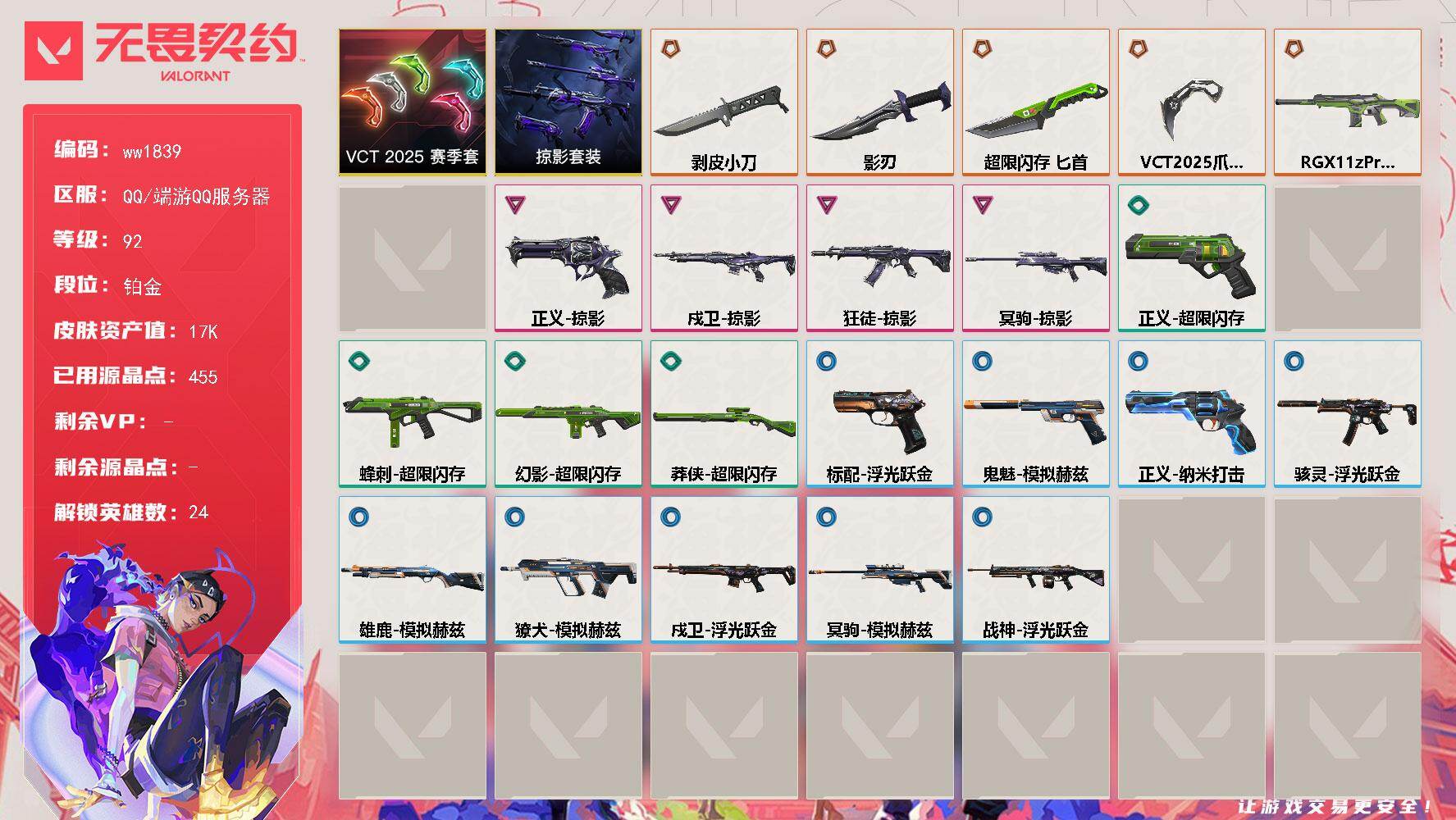 无畏契约账号QQLV等级92/皮肤总价值17280/段位铂金/总皮肤数量24/刀皮数量4/枪皮数量20/套装数量2/具体详情请看图/VCT 2025 赛季 礼包/掠影 礼包/幻棱/炼狱/维斯/暮蝶/钛狐/壹决/铁臂/