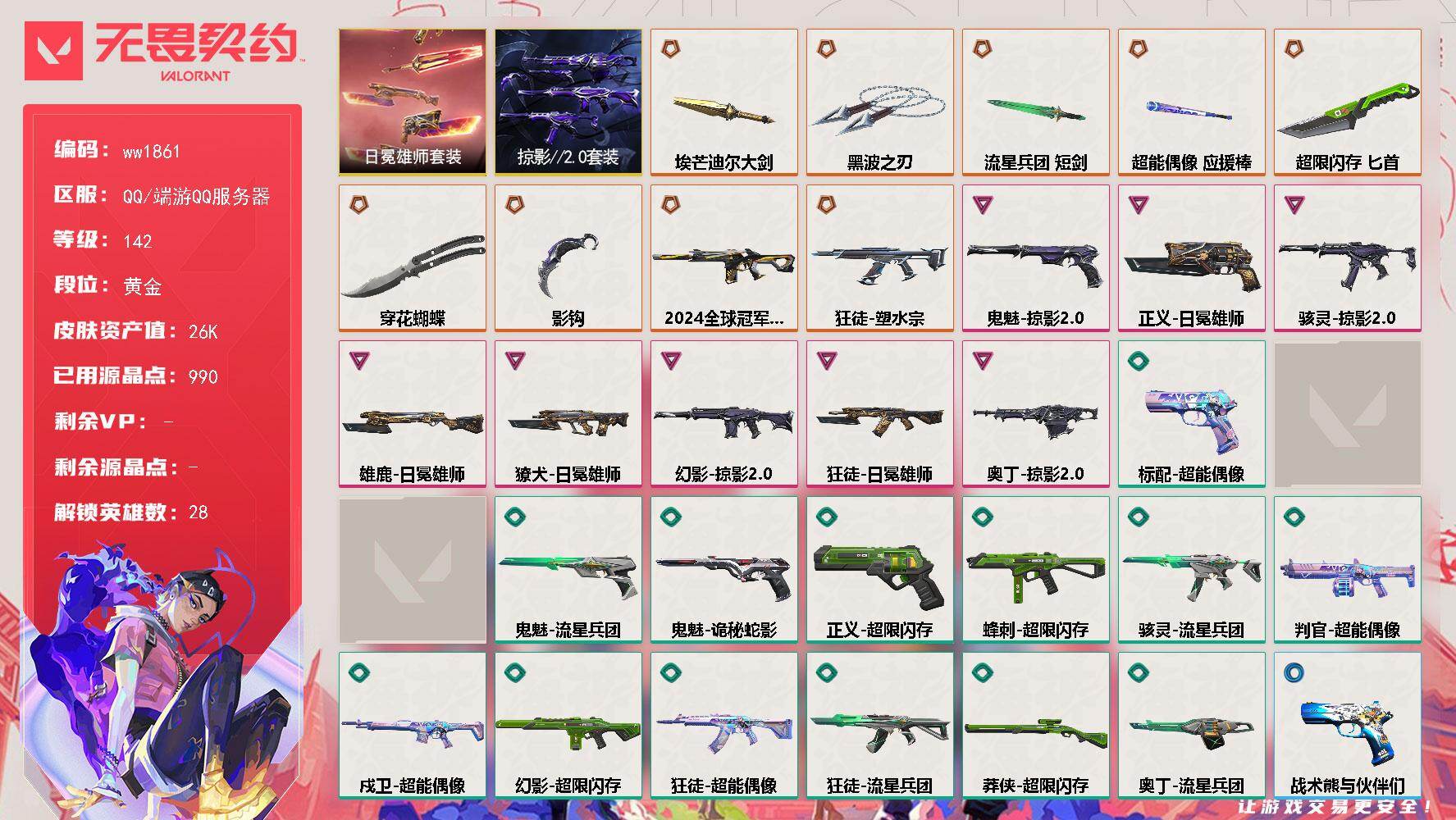 无畏契约账号QQLV等级142/皮肤总价值26020/段位黄金/总皮肤数量59/刀皮数量7/枪皮数量52/套装数量2/具体详情请看图/掠影//2.0 礼包/日冕雄师/幻棱/炼狱/维斯/暮蝶/钛狐/壹决/铁臂/捷风/雷