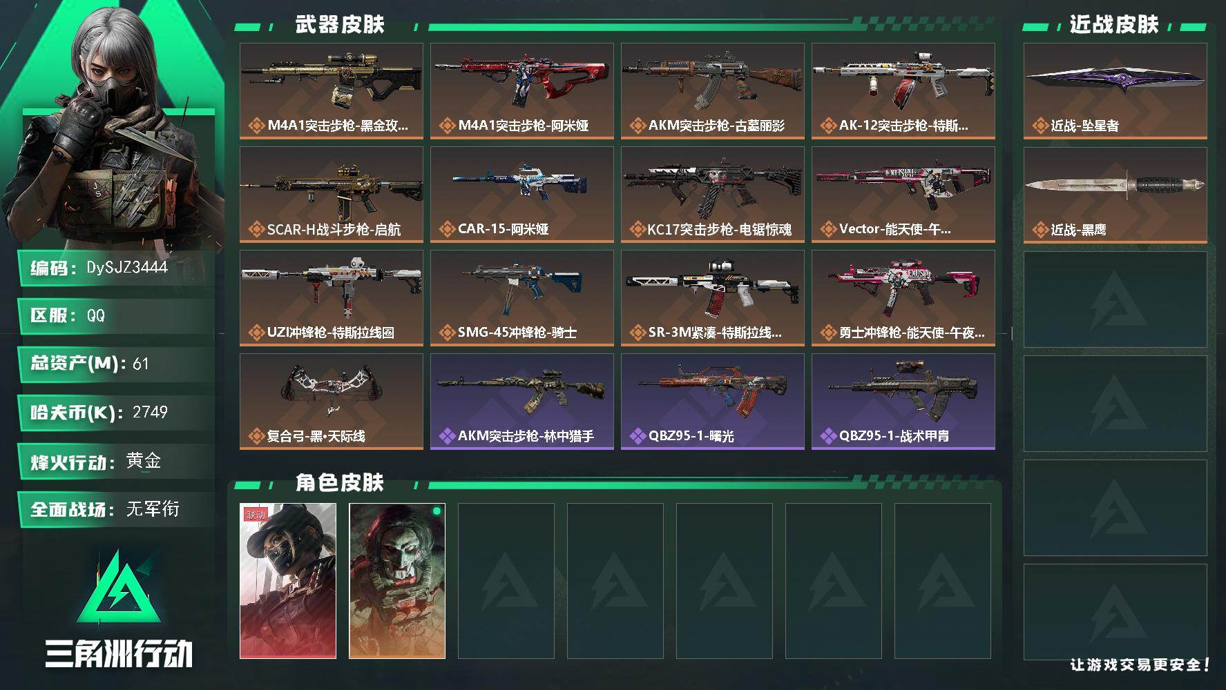 三角洲行动账号QQ【DySJZ3444】总资产61M/哈夫币274万/传说近战数1/干员外观数2/传说枪皮数13/战场等级1/行动等级60/安全箱等时效性道具以游戏内数据为准，详情请看图/露娜-黑·天际线/红狼-电锯