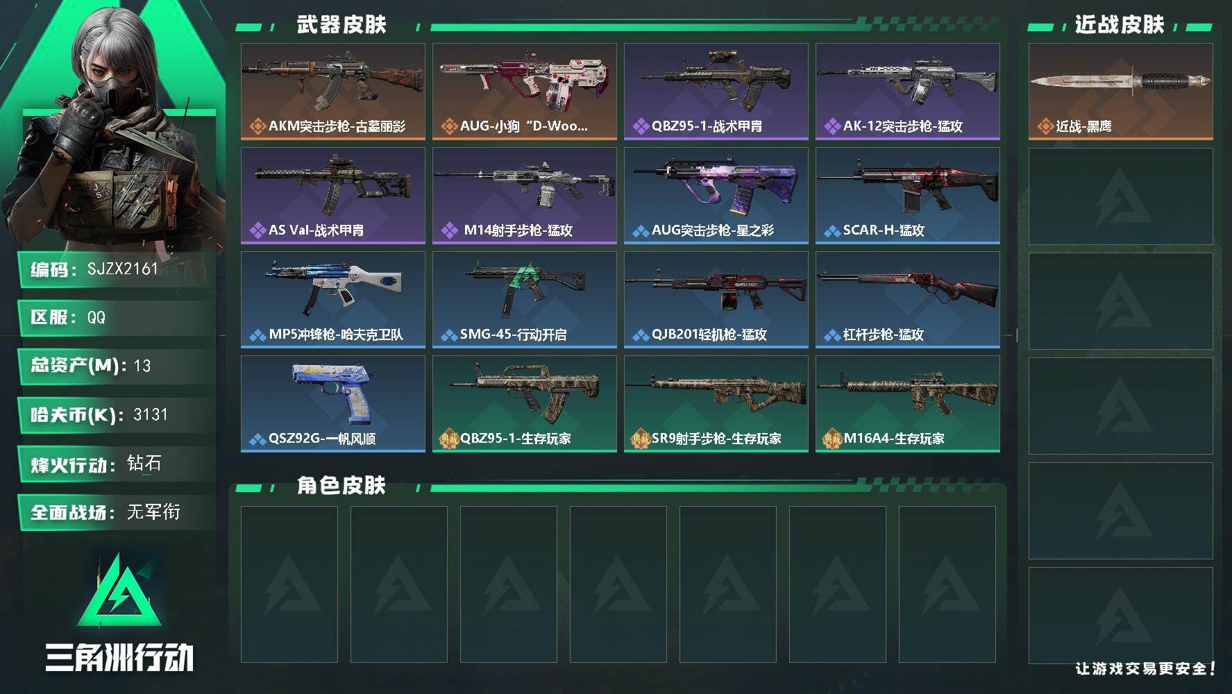 三角洲行动账号QQ【SJZX2161】总资产13M/哈夫币313万/传说枪皮数2/战场等级1/行动等级46/安全箱等时效性道具以游戏内数据为准，详情请看图/近战-黑鹰/AKM突击步枪-古墓丽影/AUG突击步枪-小狗“